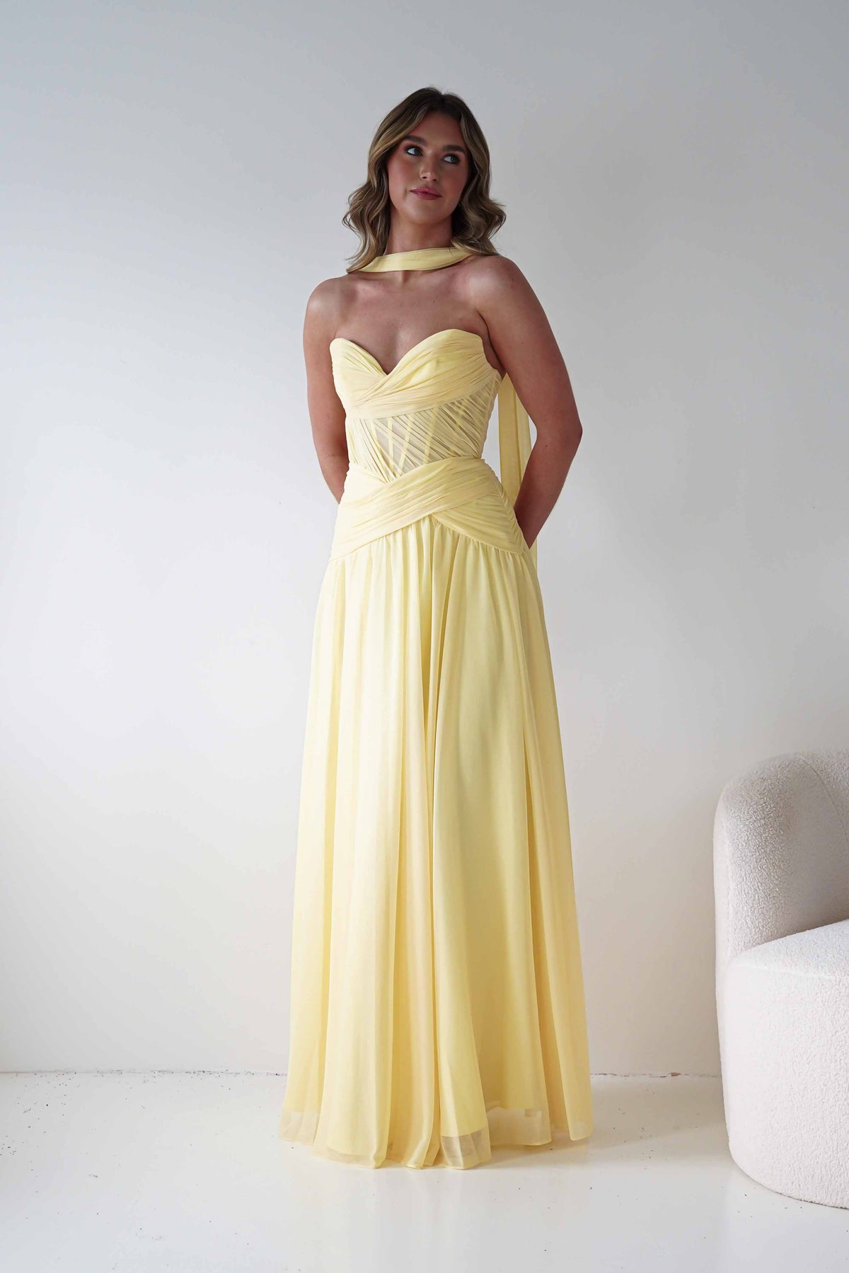 Nicolette Strapless Chiffon Maxi Gown | Yellow-Oh Hello Clothing