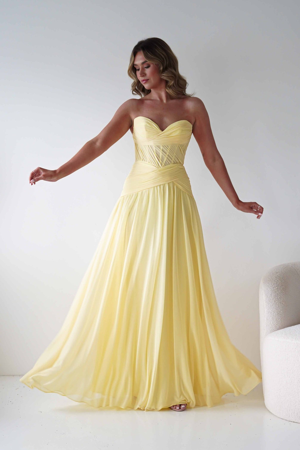 Nicolette Strapless Chiffon Maxi Gown | Yellow-Oh Hello Clothing