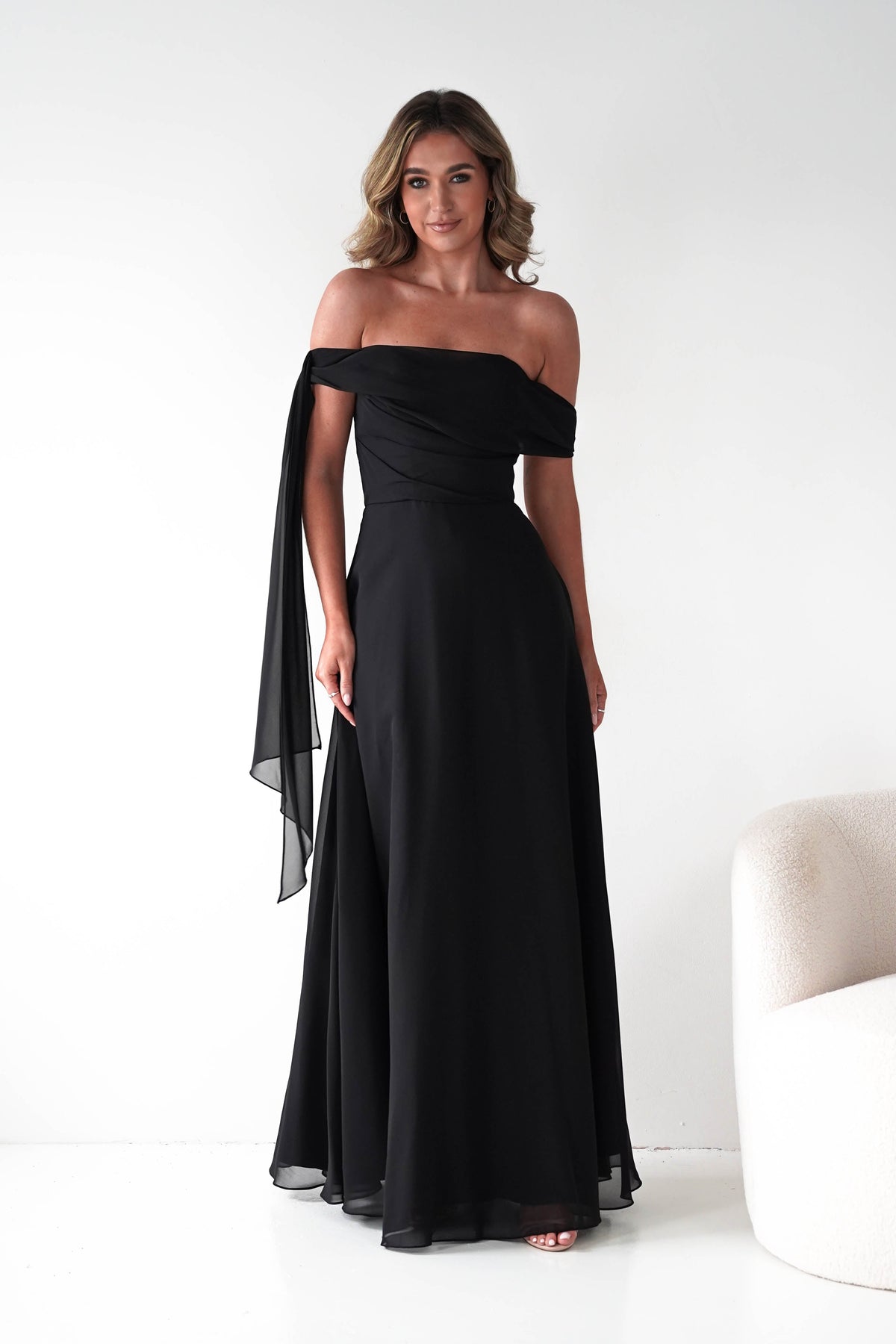Ninette Off The Shoulder Chiffon Maxi Dress | Black-Oh Hello Clothing