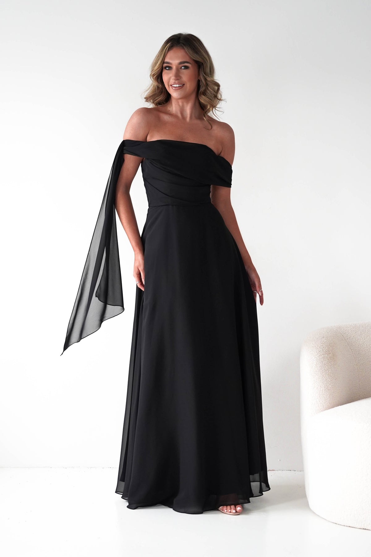 Ninette Off The Shoulder Chiffon Maxi Dress | Black-Oh Hello Clothing