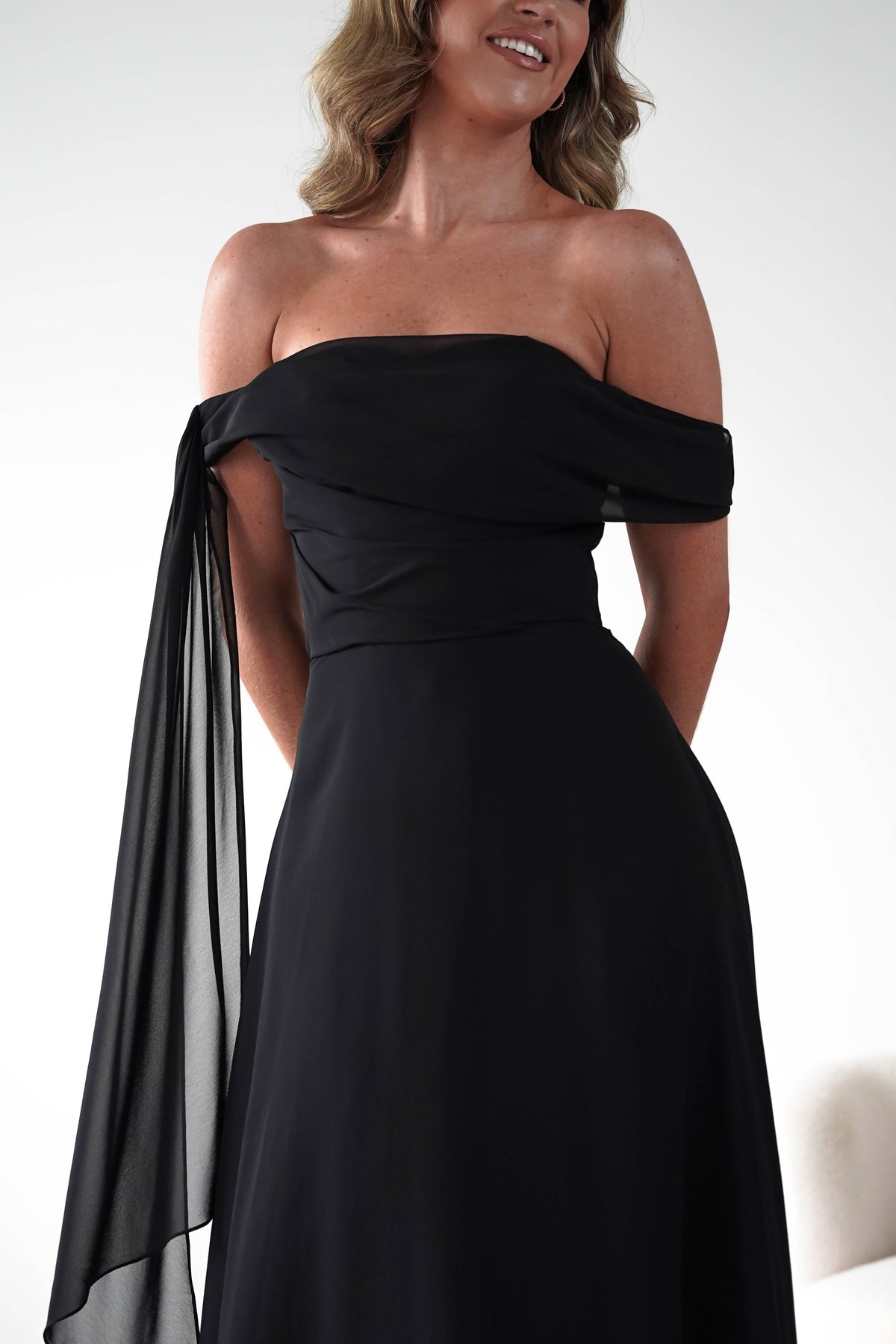 Ninette Off The Shoulder Chiffon Maxi Dress | Black-Oh Hello Clothing