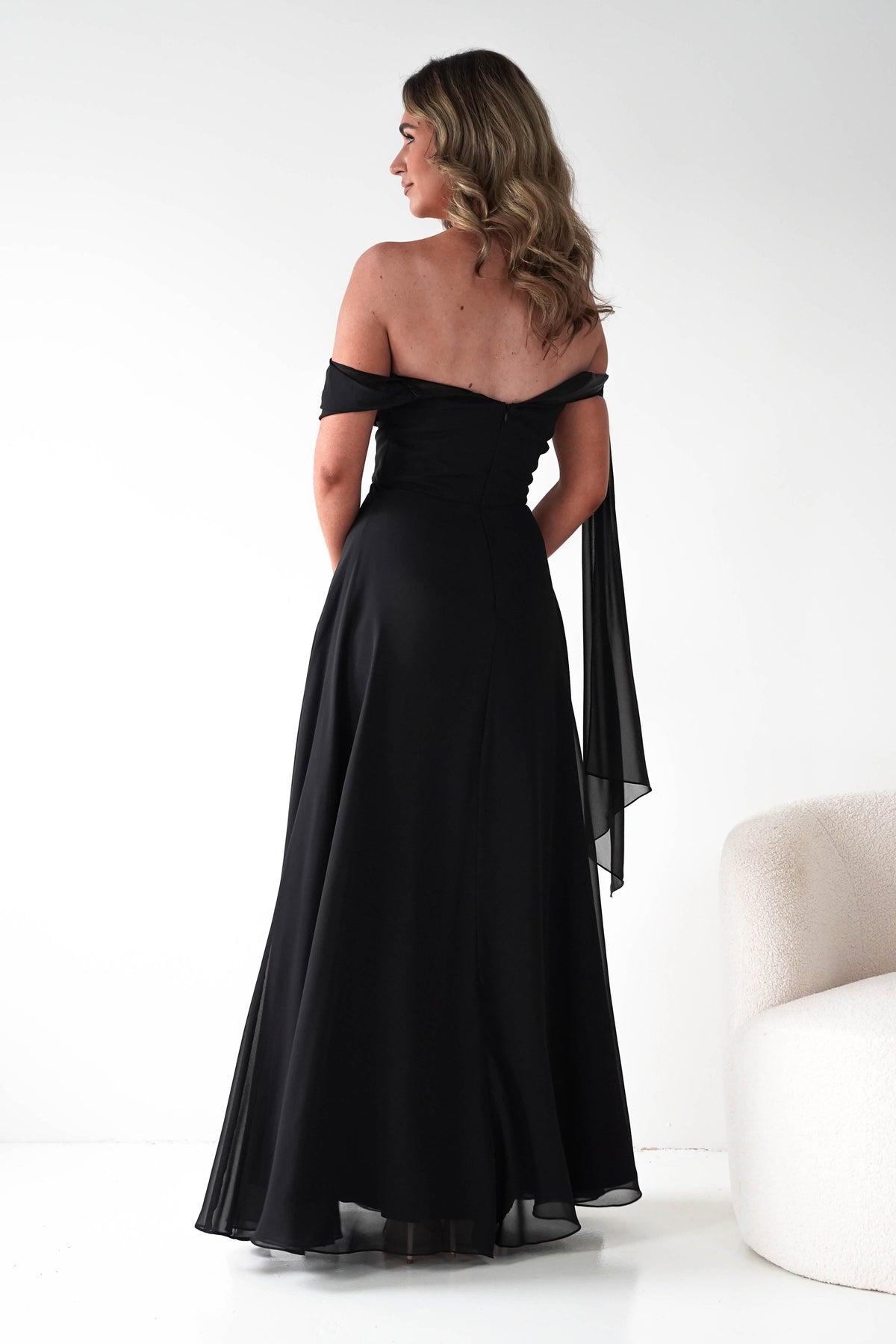 Ninette Off The Shoulder Chiffon Maxi Dress | Black-Oh Hello Clothing