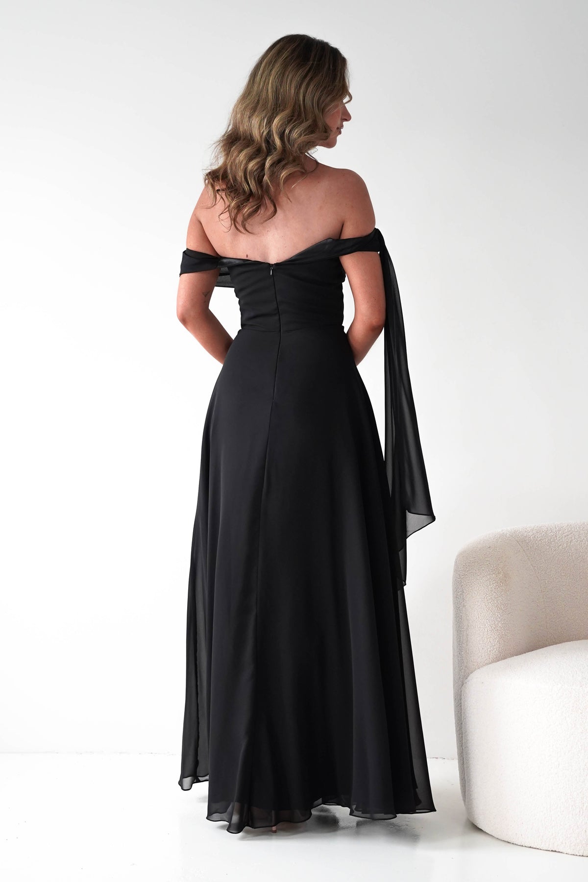 Ninette Off The Shoulder Chiffon Maxi Dress | Black-Oh Hello Clothing