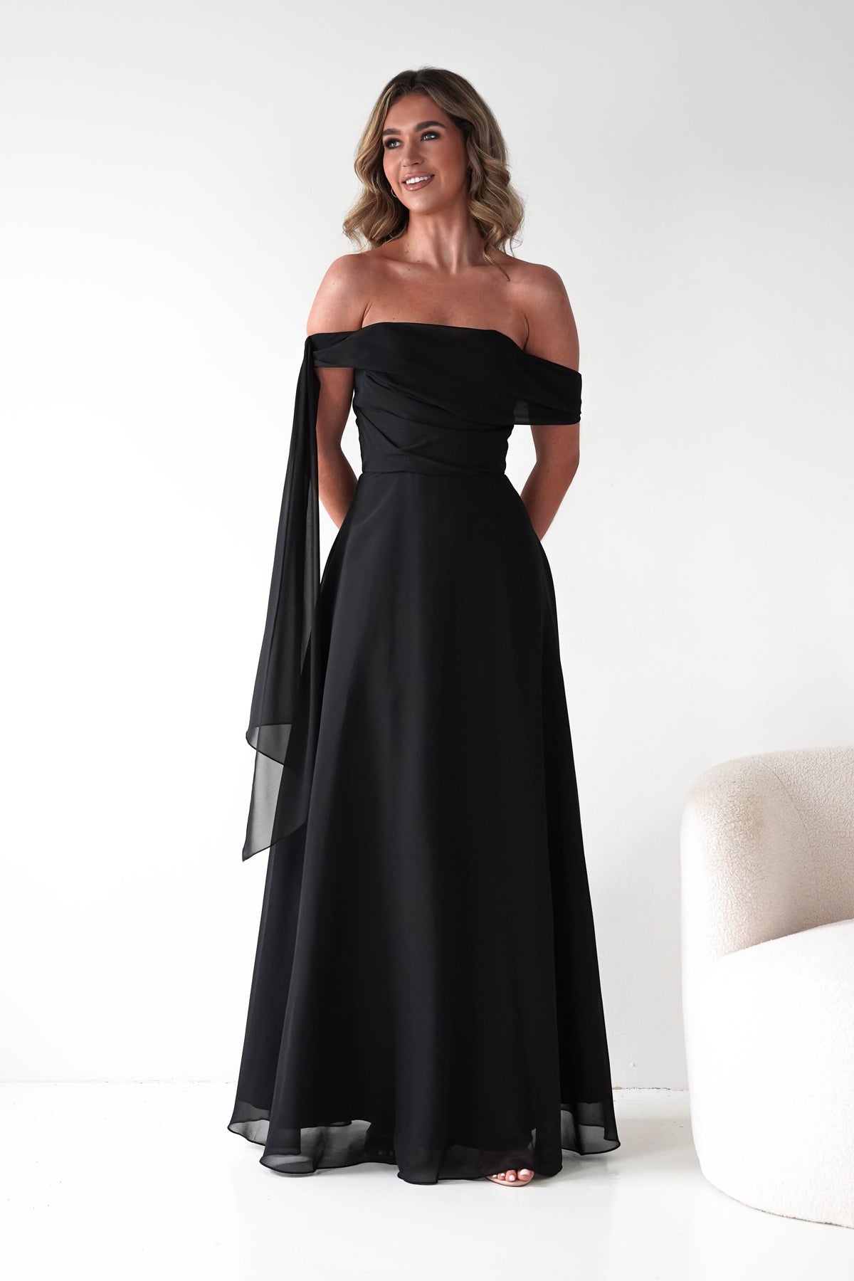 Ninette Off The Shoulder Chiffon Maxi Dress | Black-Oh Hello Clothing
