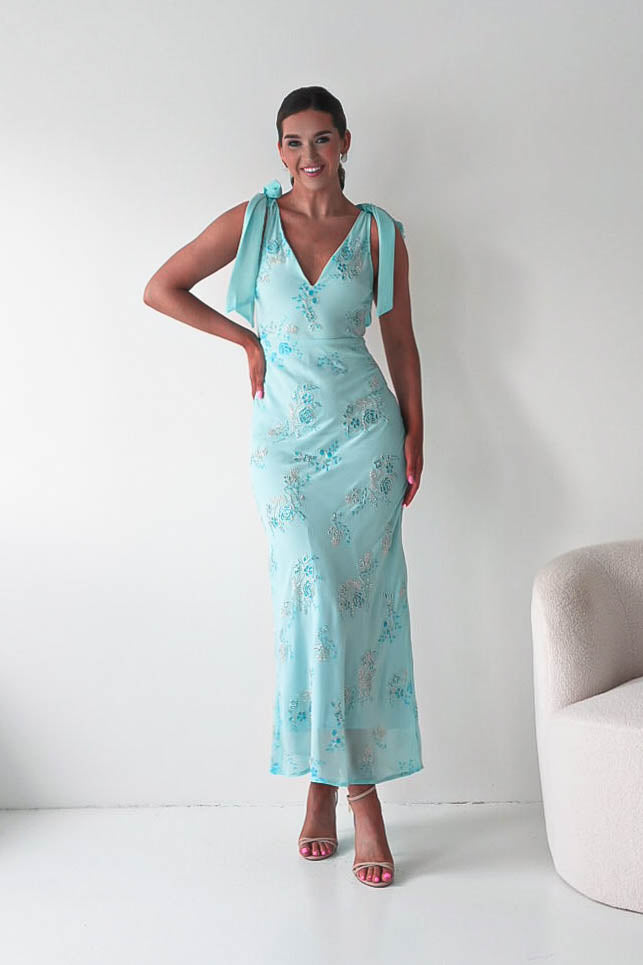 Noah Floral Embellished Maxi Dress | Turquoise Blue-Oh Hello Clothing