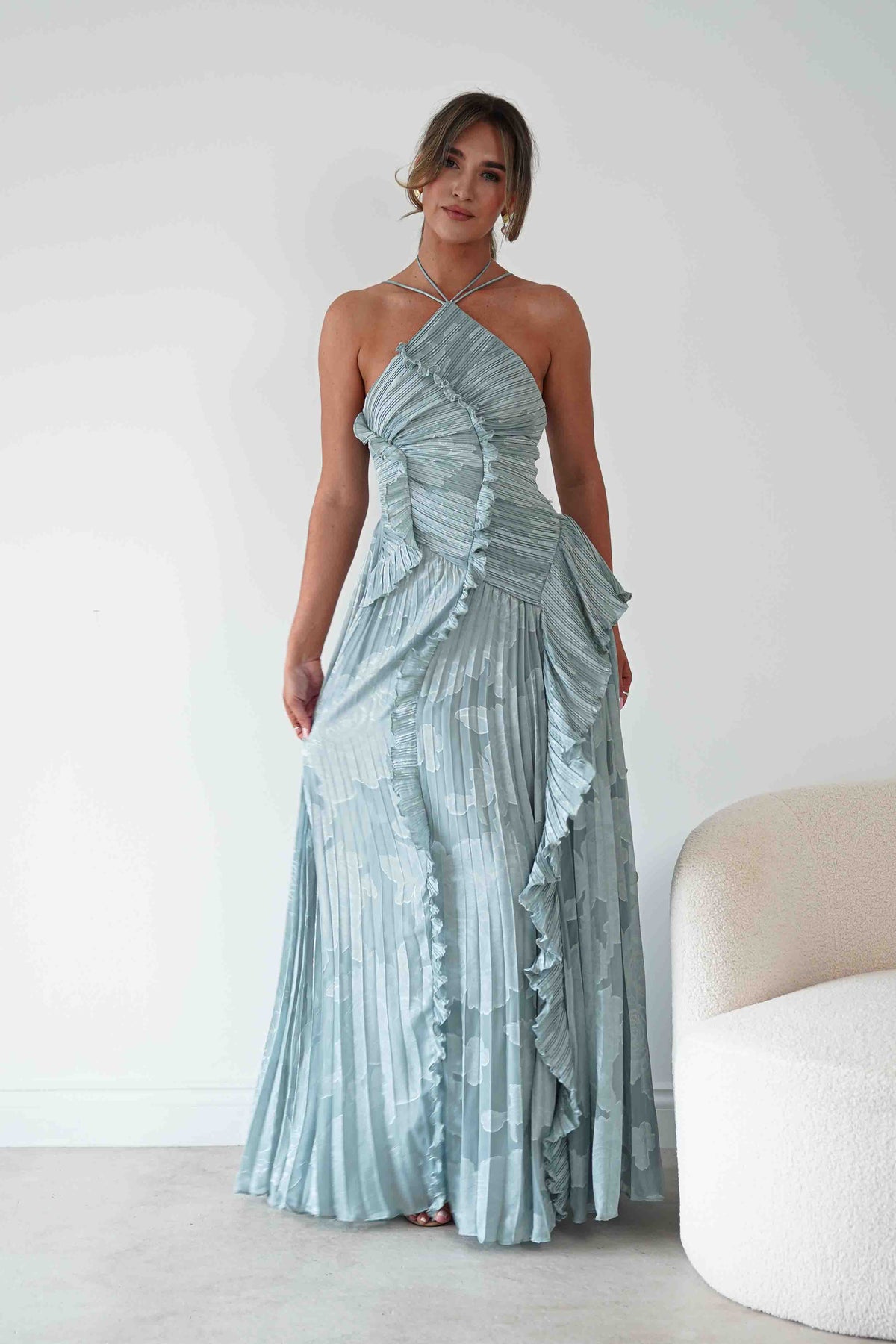 Oaklyn Floral Textured Ruffle Pleated Maxi Dress | Dusty Blue-Oh Hello Clothing