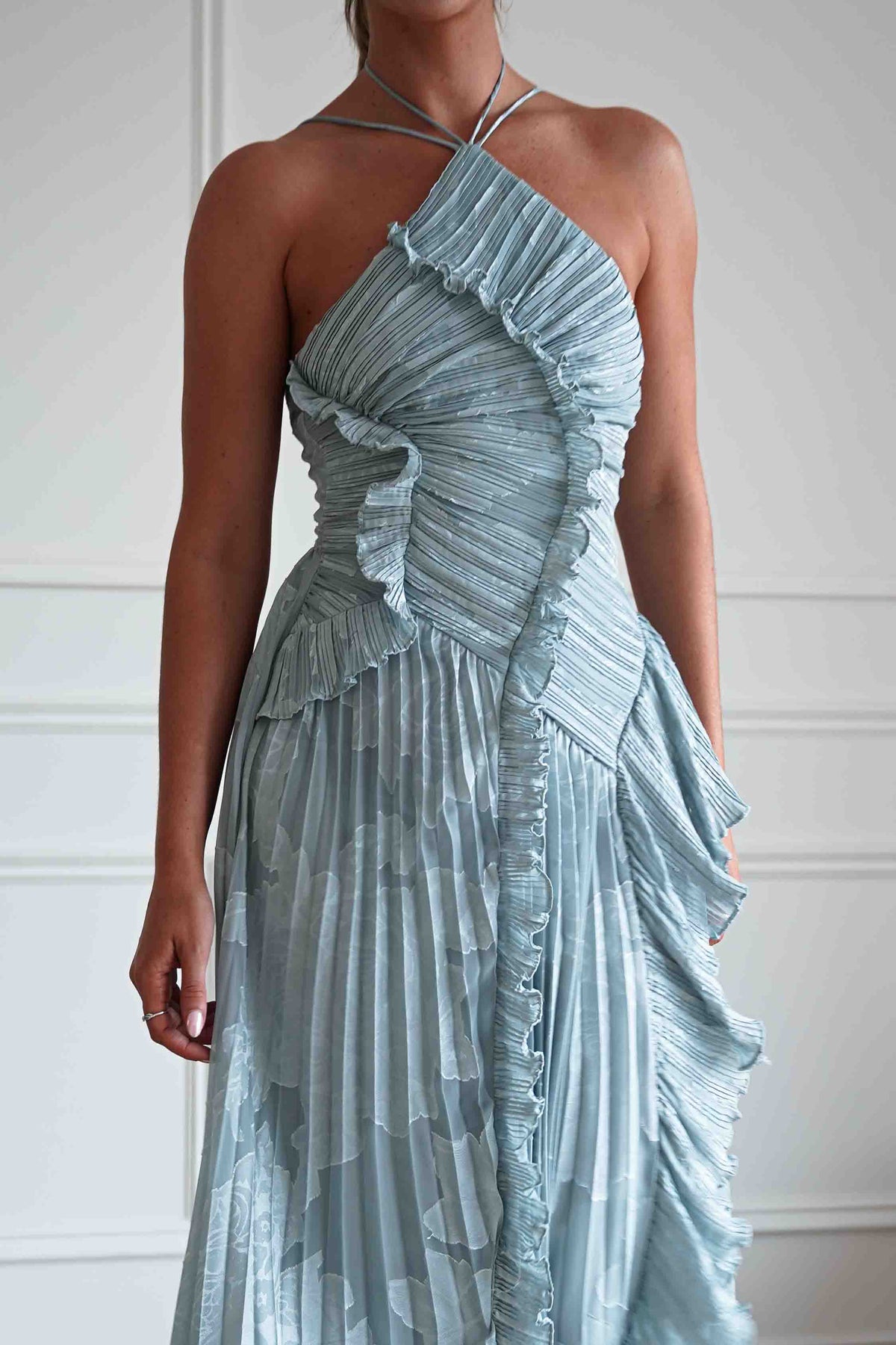 Oaklyn Floral Textured Ruffle Pleated Maxi Dress | Dusty Blue-Oh Hello Clothing