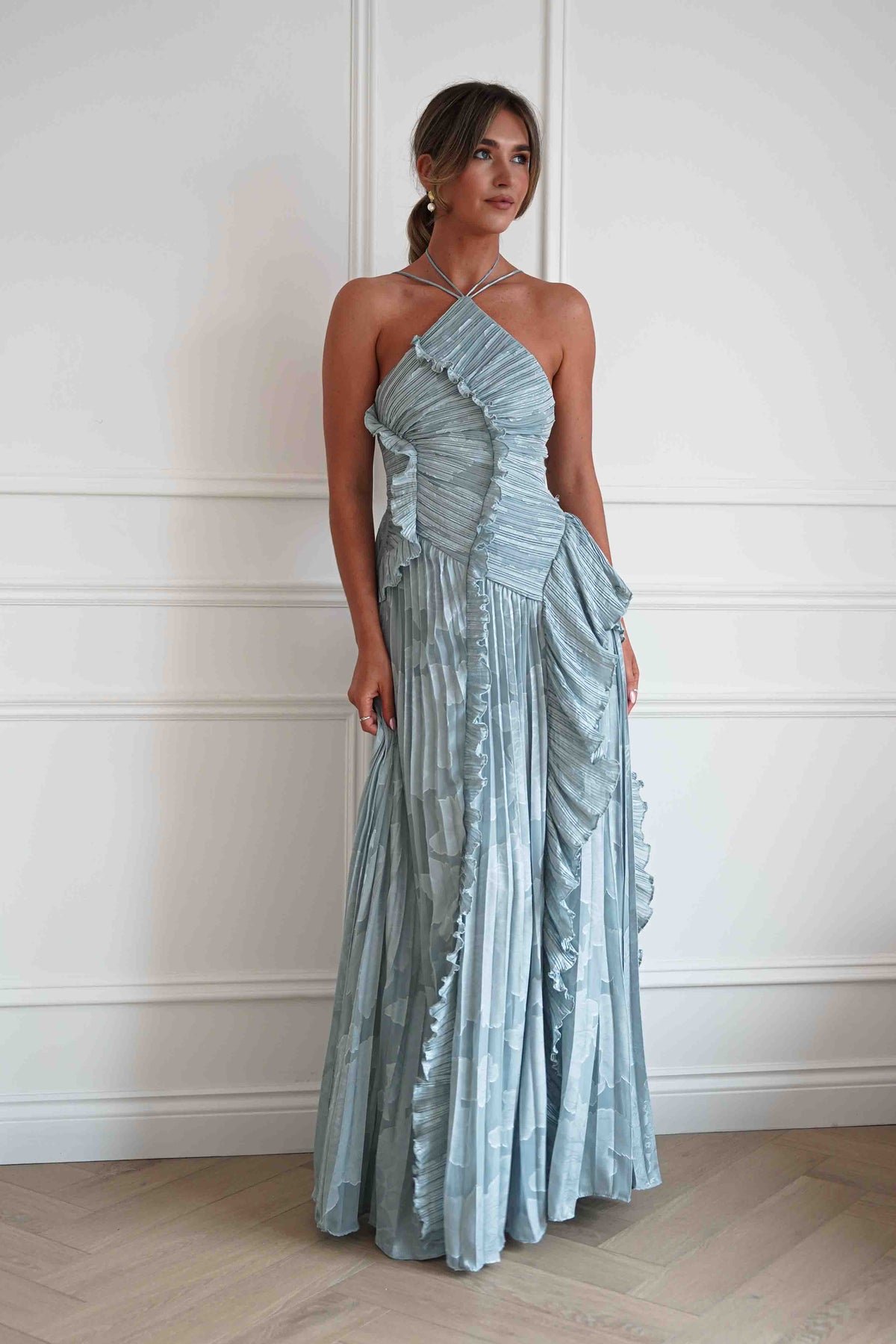 Oaklyn Floral Textured Ruffle Pleated Maxi Dress | Dusty Blue-Oh Hello Clothing