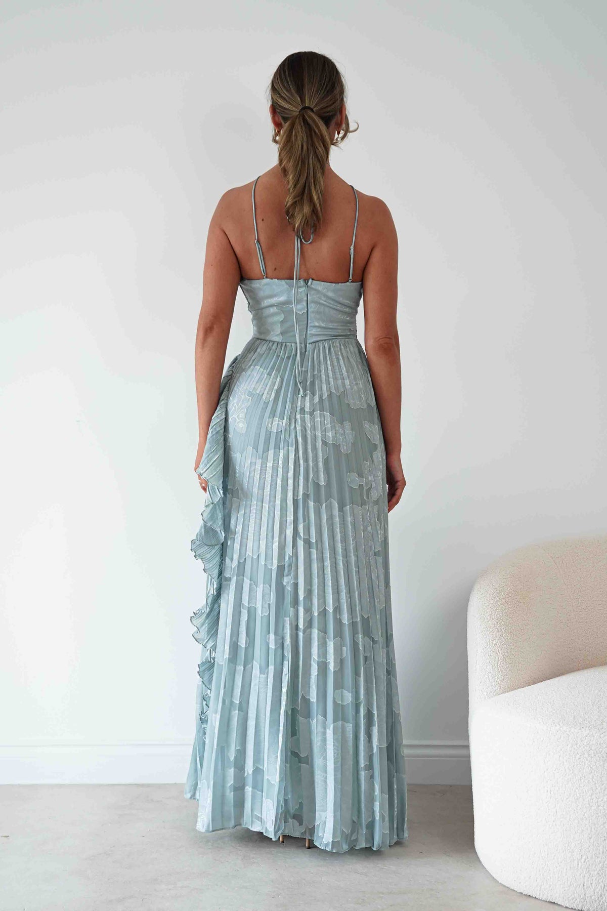 Oaklyn Floral Textured Ruffle Pleated Maxi Dress | Dusty Blue-Oh Hello Clothing