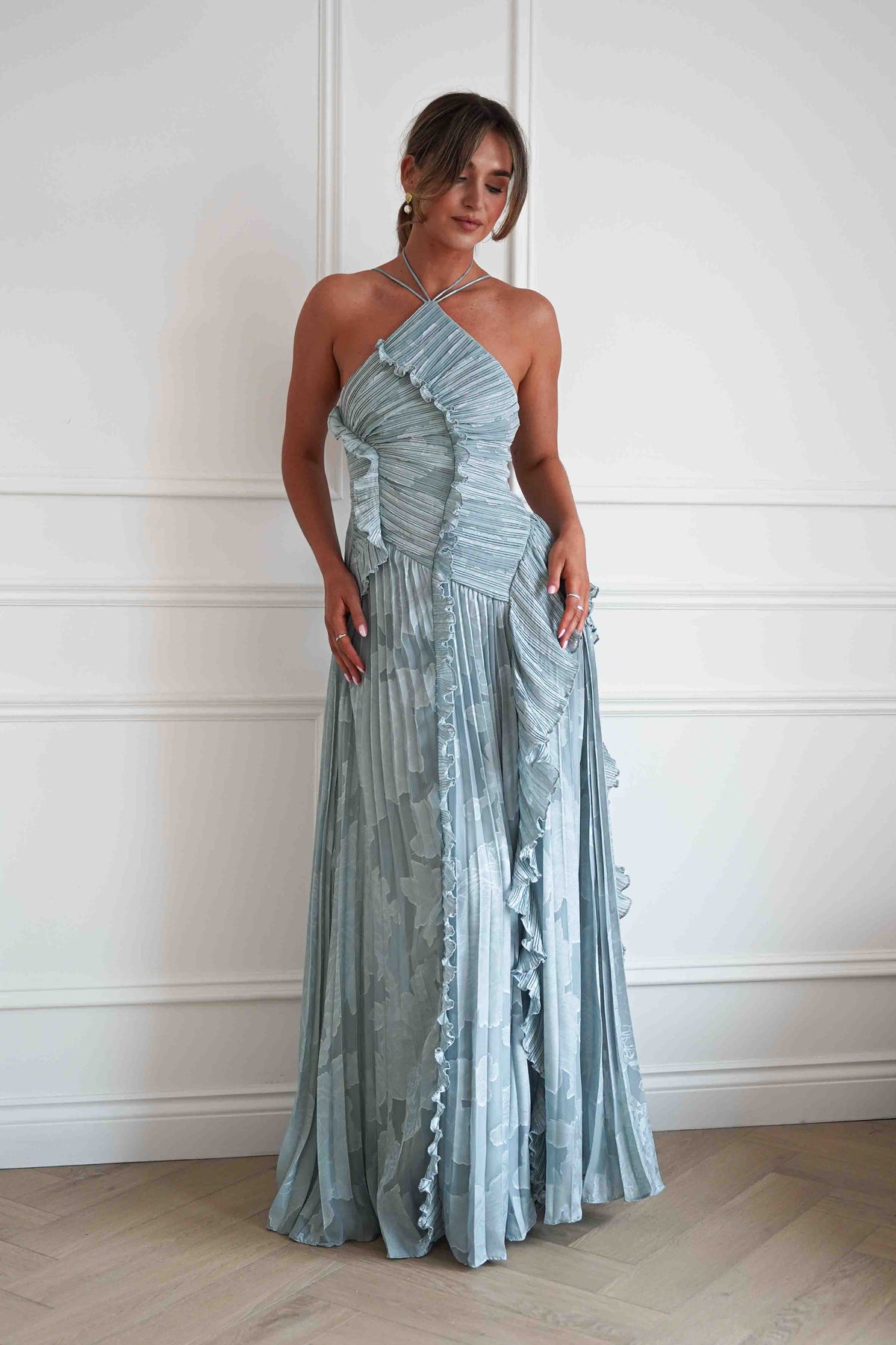Oaklyn Floral Textured Ruffle Pleated Maxi Dress | Dusty Blue-Oh Hello Clothing