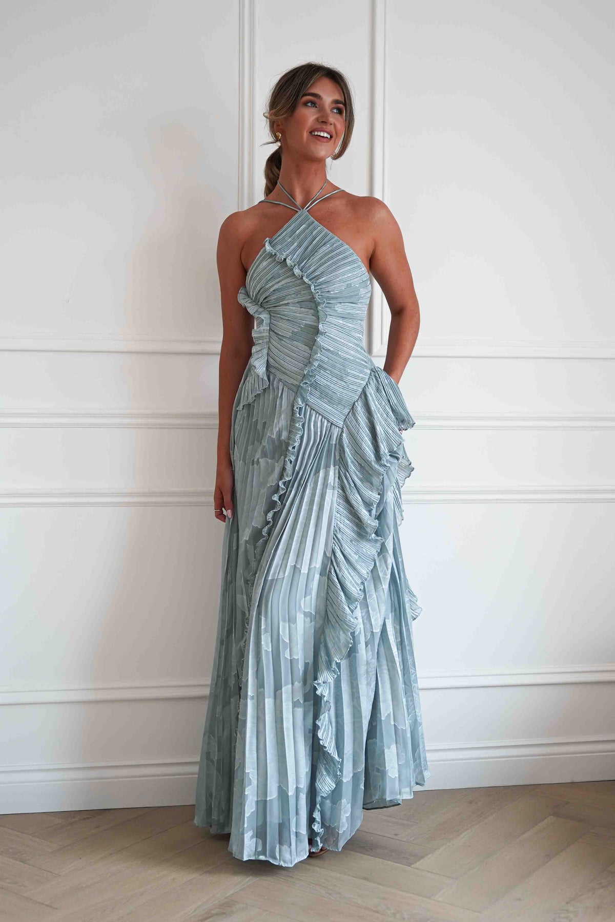 Oaklyn Floral Textured Ruffle Pleated Maxi Dress | Dusty Blue-Oh Hello Clothing