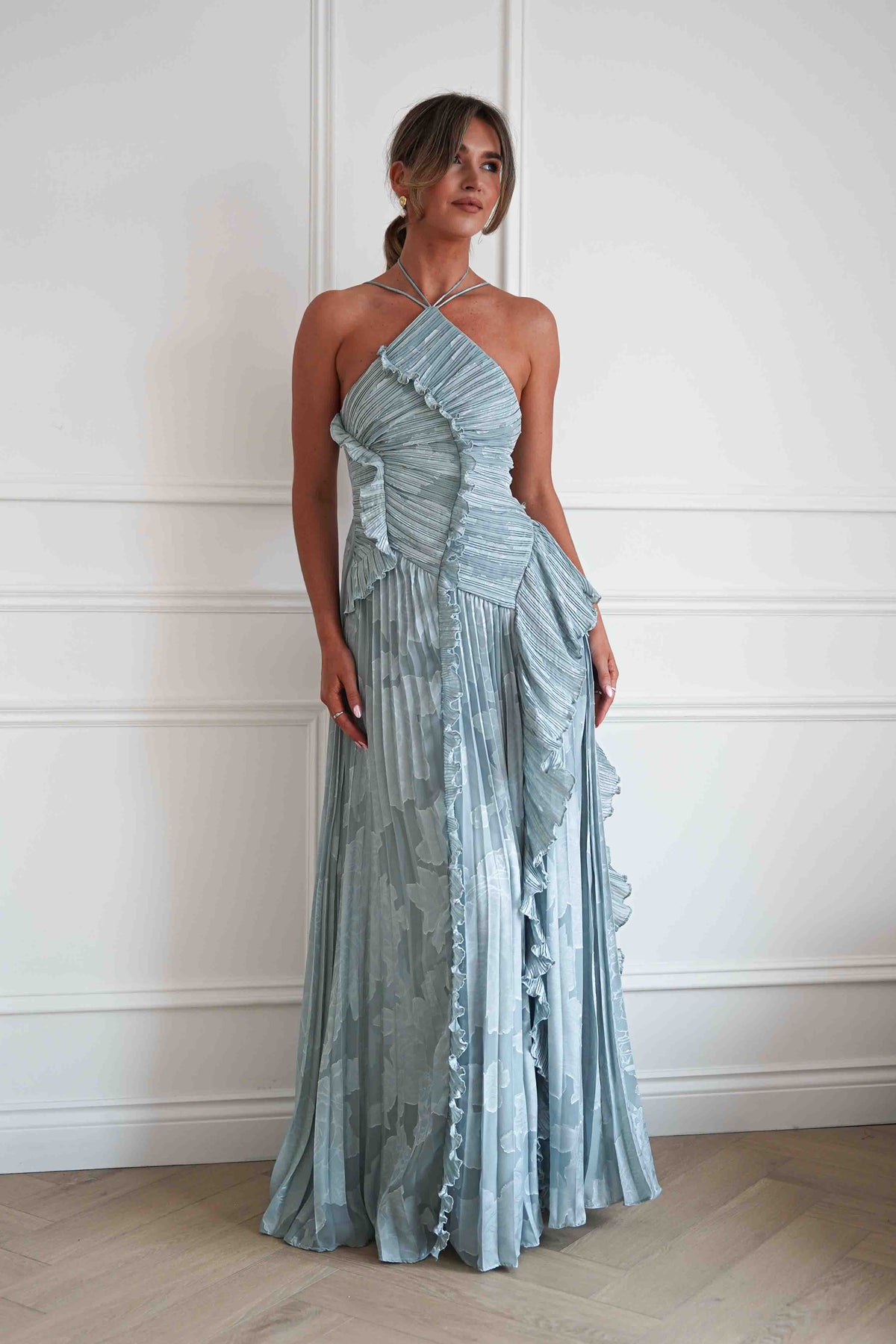 Oaklyn Floral Textured Ruffle Pleated Maxi Dress | Dusty Blue-Oh Hello Clothing