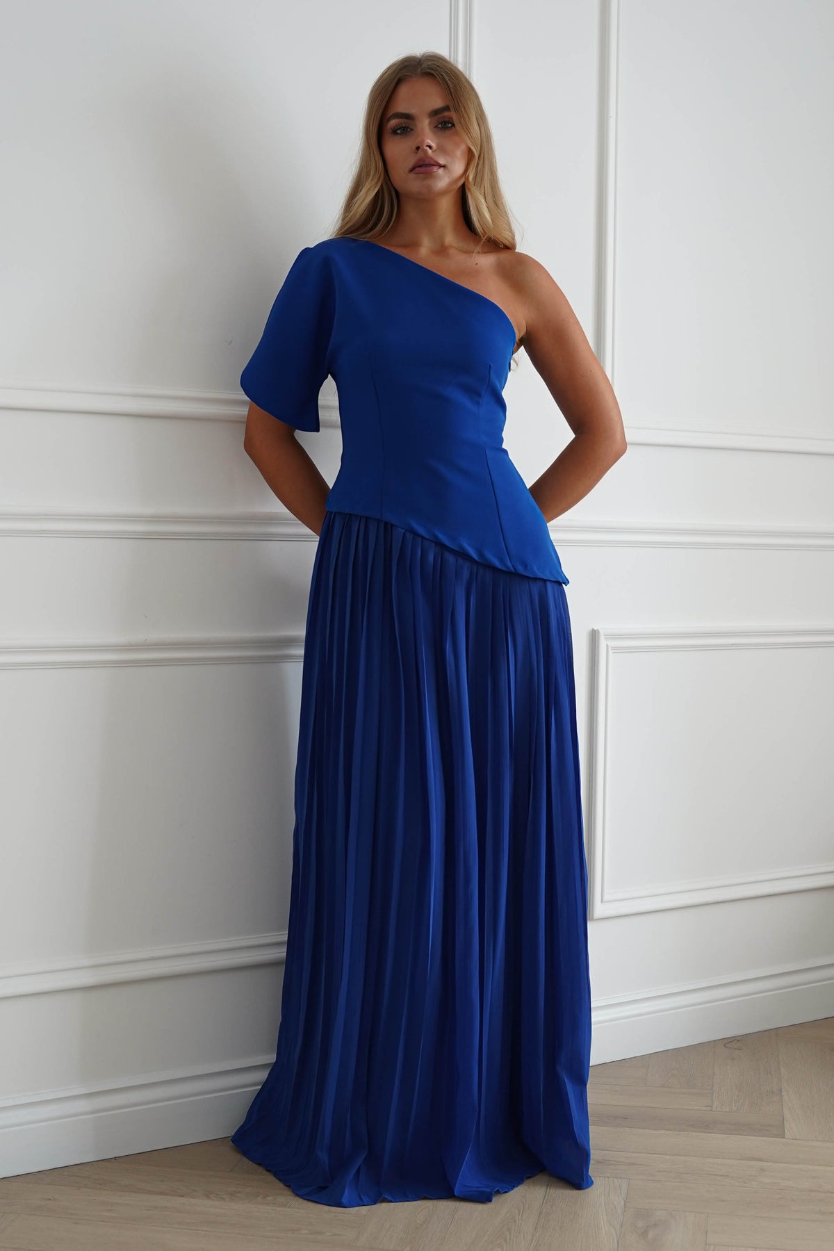 Orla One Shoulder Pleated Maxi Dress | Royal Blue-Oh Hello Clothing