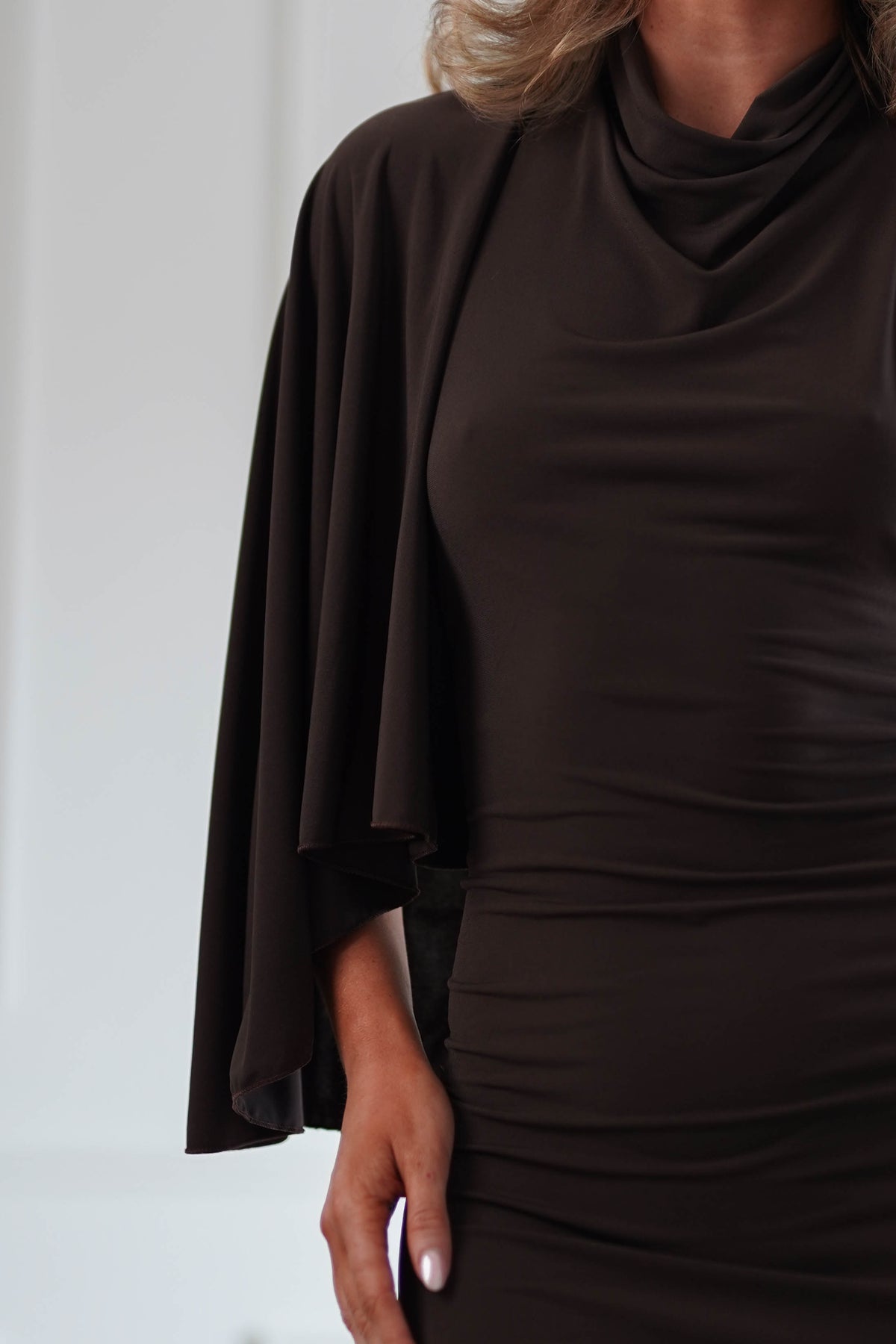 Oh Hello Clothing Women > Clothing > Dresses Ottilie Cape Shoulder Maxi Dress | Chocolate Brown