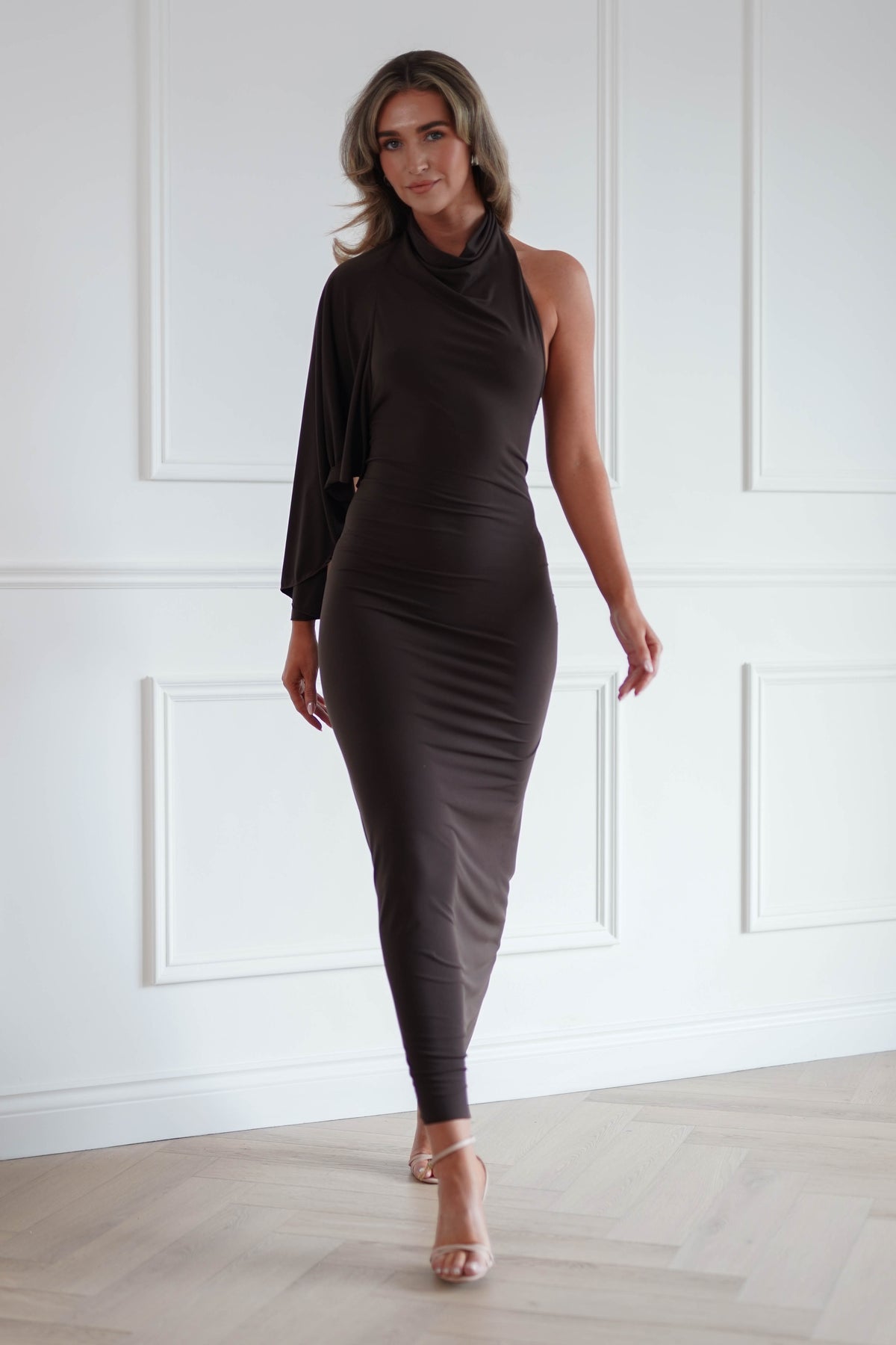 Oh Hello Clothing Women > Clothing > Dresses Ottilie Cape Shoulder Maxi Dress | Chocolate Brown
