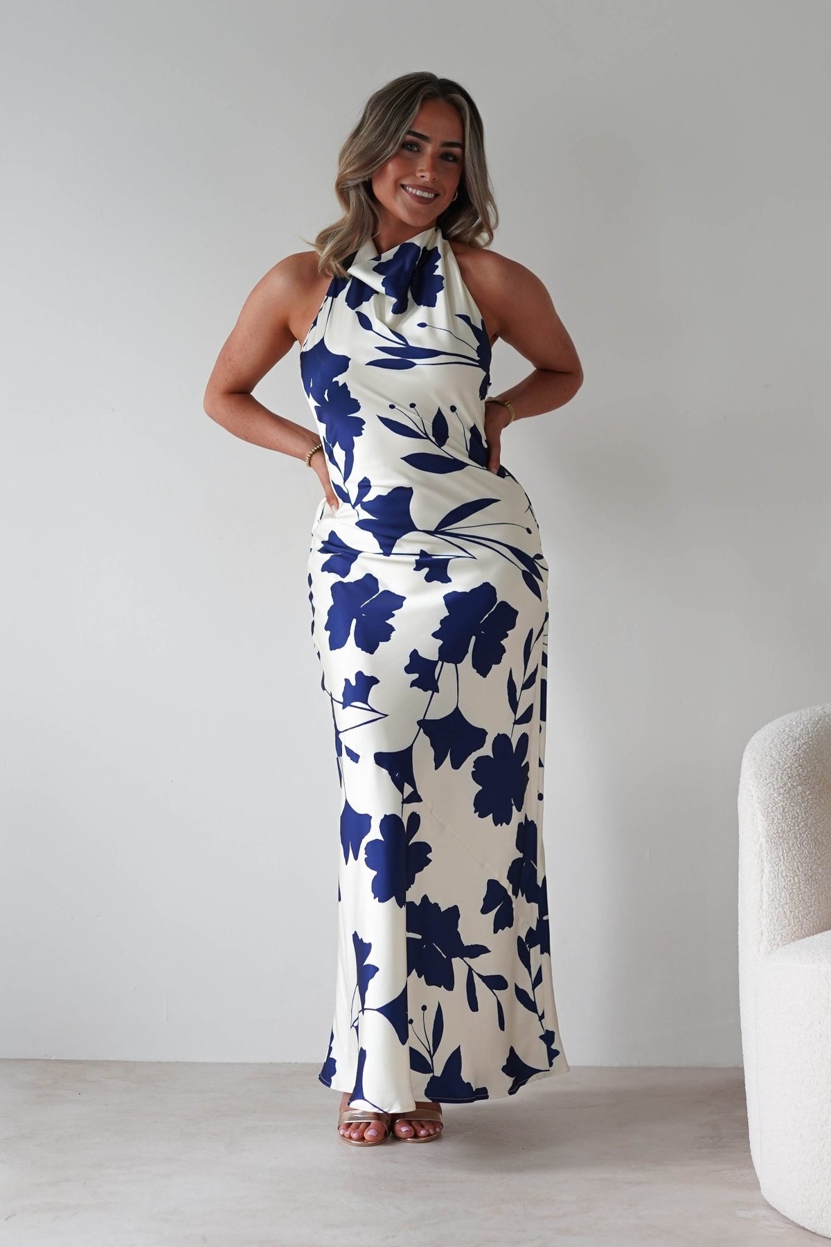 Pagoda Floral Satin Maxi Dress | Cream/Navy-Oh Hello Clothing