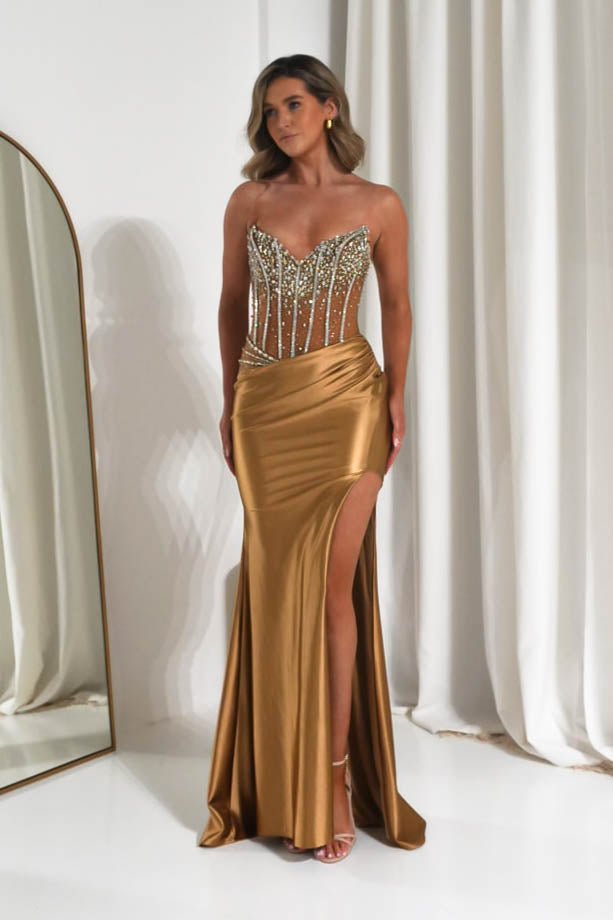Paloma Crystal Embellished Sheer Corset Gown | Bronze-Oh Hello Clothing