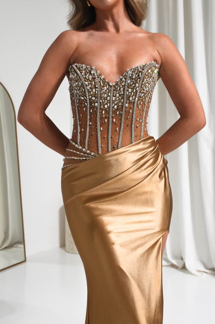 Paloma Crystal Embellished Sheer Corset Gown | Bronze-Oh Hello Clothing