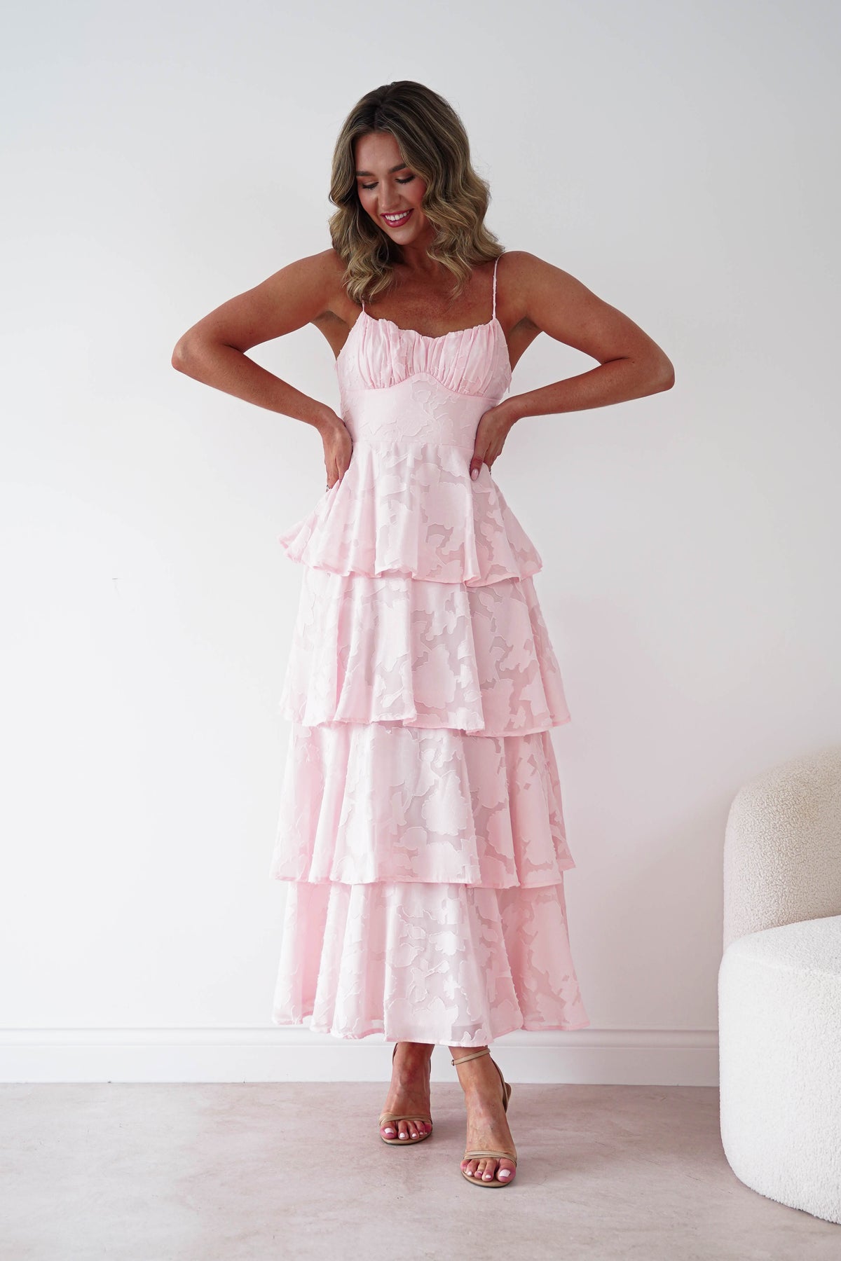 Patsy Floral Jacquard Tiered Maxi Dress | Blush-Oh Hello Clothing