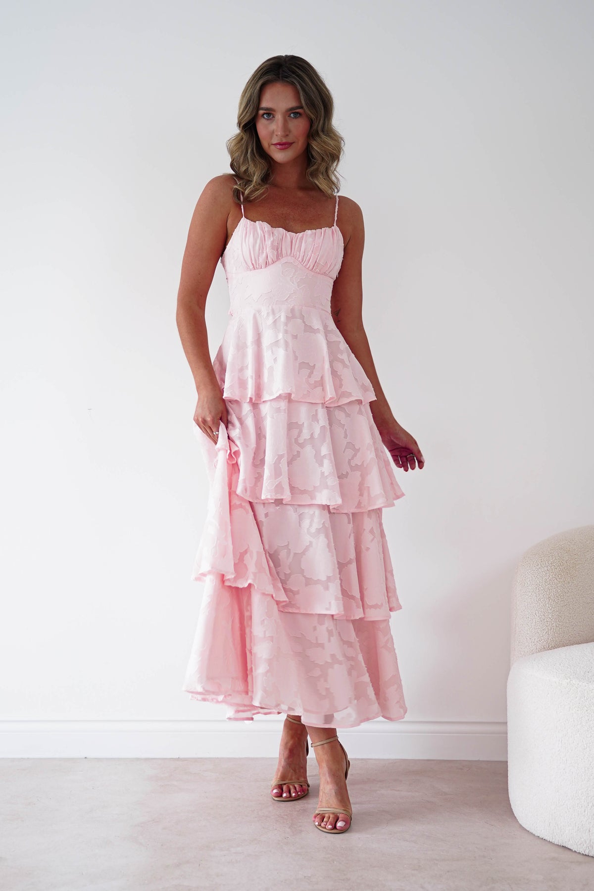 Patsy Floral Jacquard Tiered Maxi Dress | Blush-Oh Hello Clothing