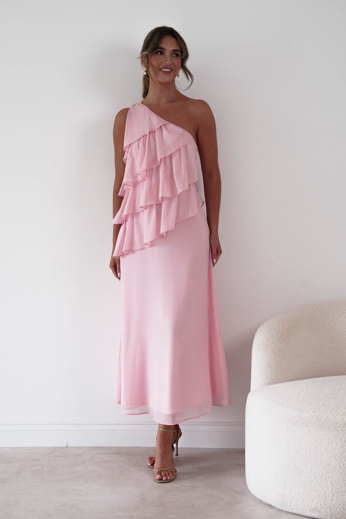 Peaches Asymmetric Ruffle Maxi Dress | Pink-Oh Hello Clothing