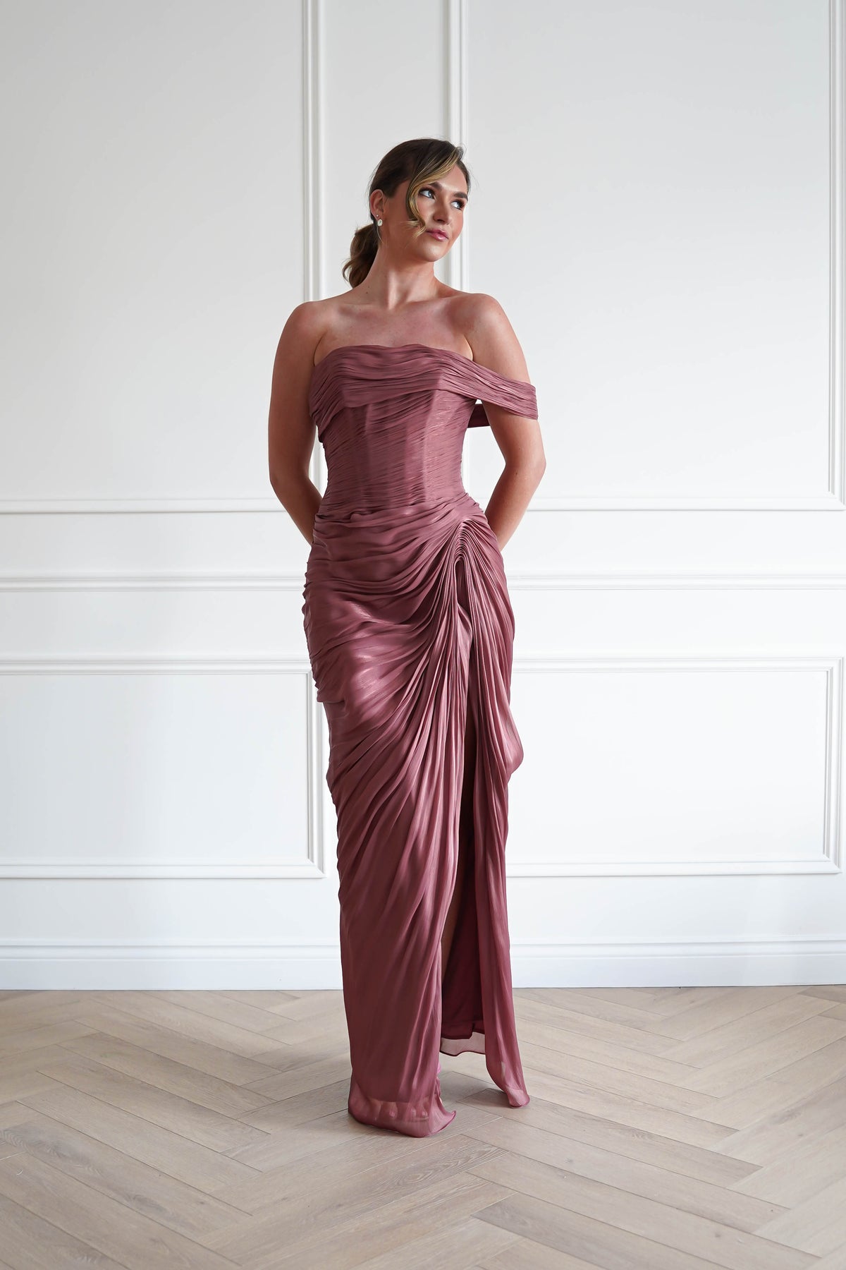 Penny Ruched Draped Maxi Gown | Sienna Rose-Oh Hello Clothing