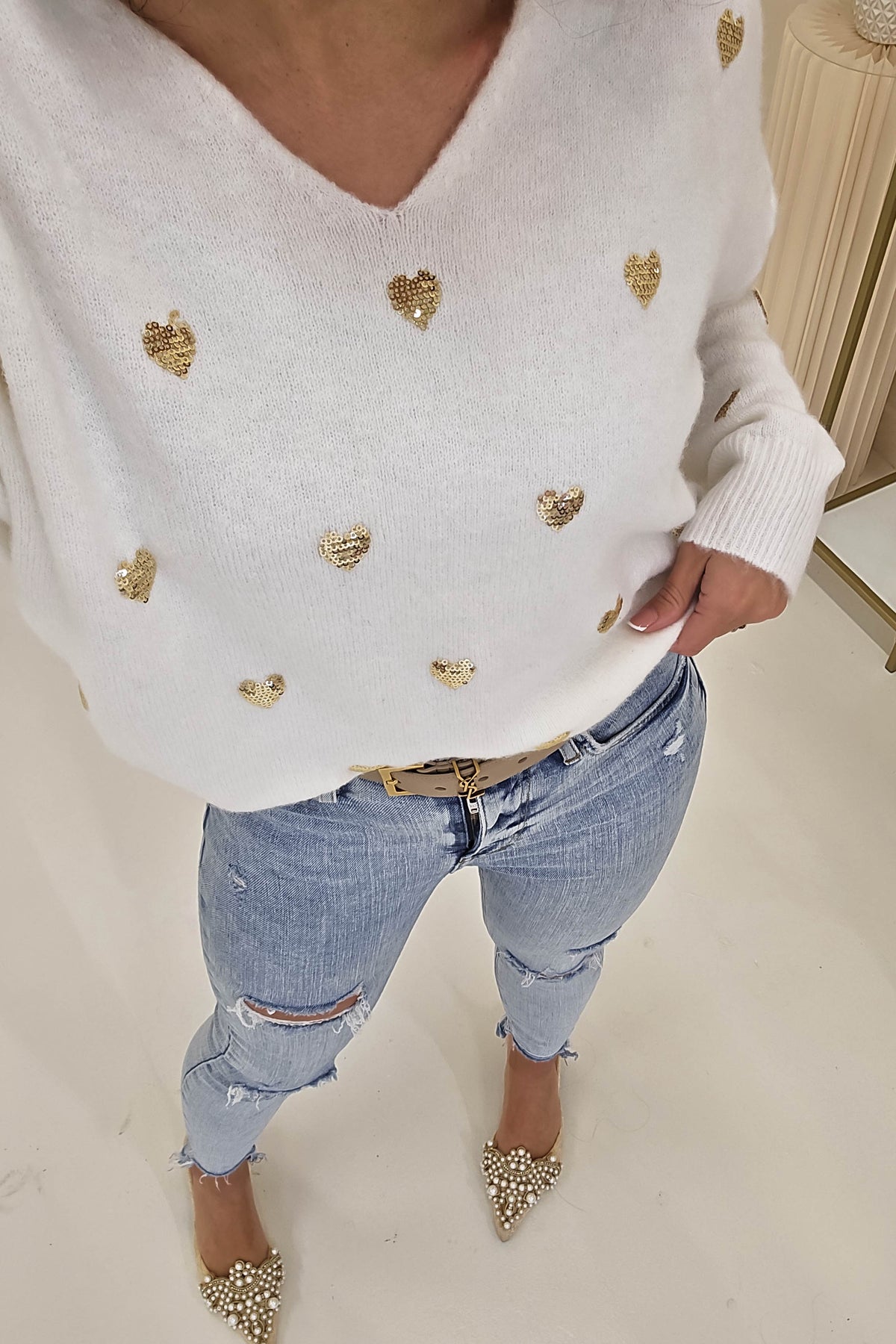 Pia Sequin Heart Detail Jumper | White-Oh Hello Clothing