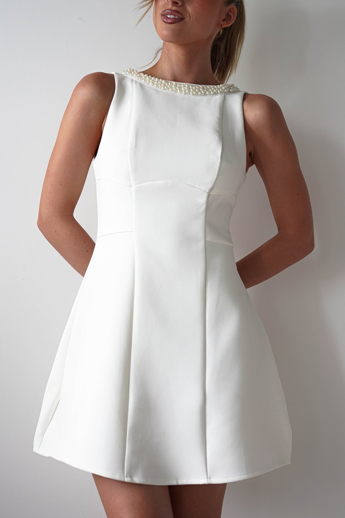 Polly Structured Pearl Detail Mini Dress | White-Oh Hello Clothing