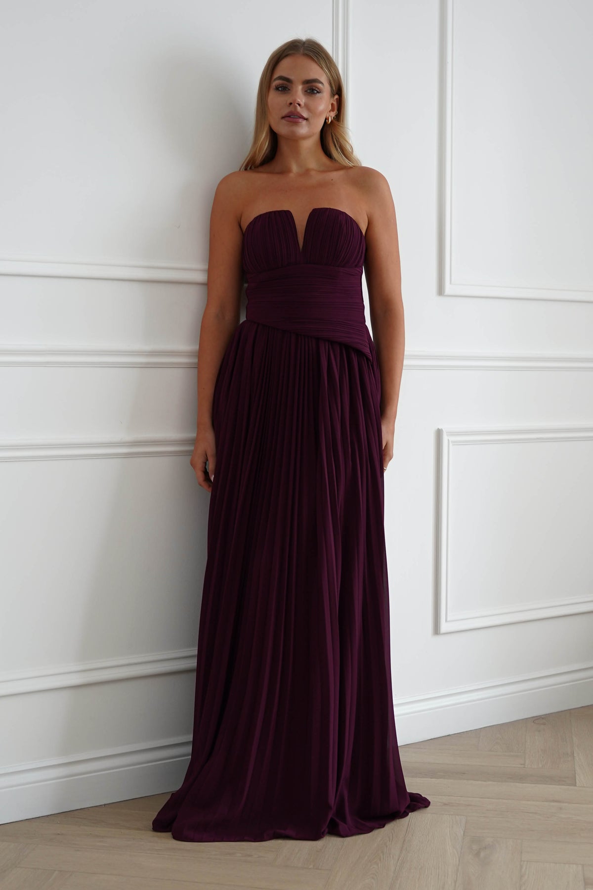 Porto Strapless Pleated Chiffon Maxi Dress | Wine-Oh Hello Clothing