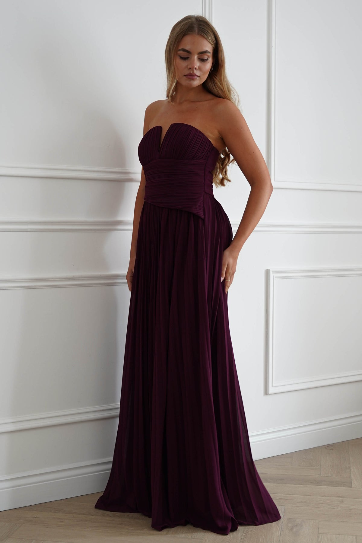 Porto Strapless Pleated Chiffon Maxi Dress | Wine-Oh Hello Clothing