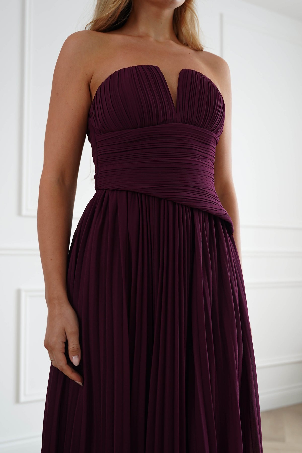 Porto Strapless Pleated Chiffon Maxi Dress | Wine-Oh Hello Clothing