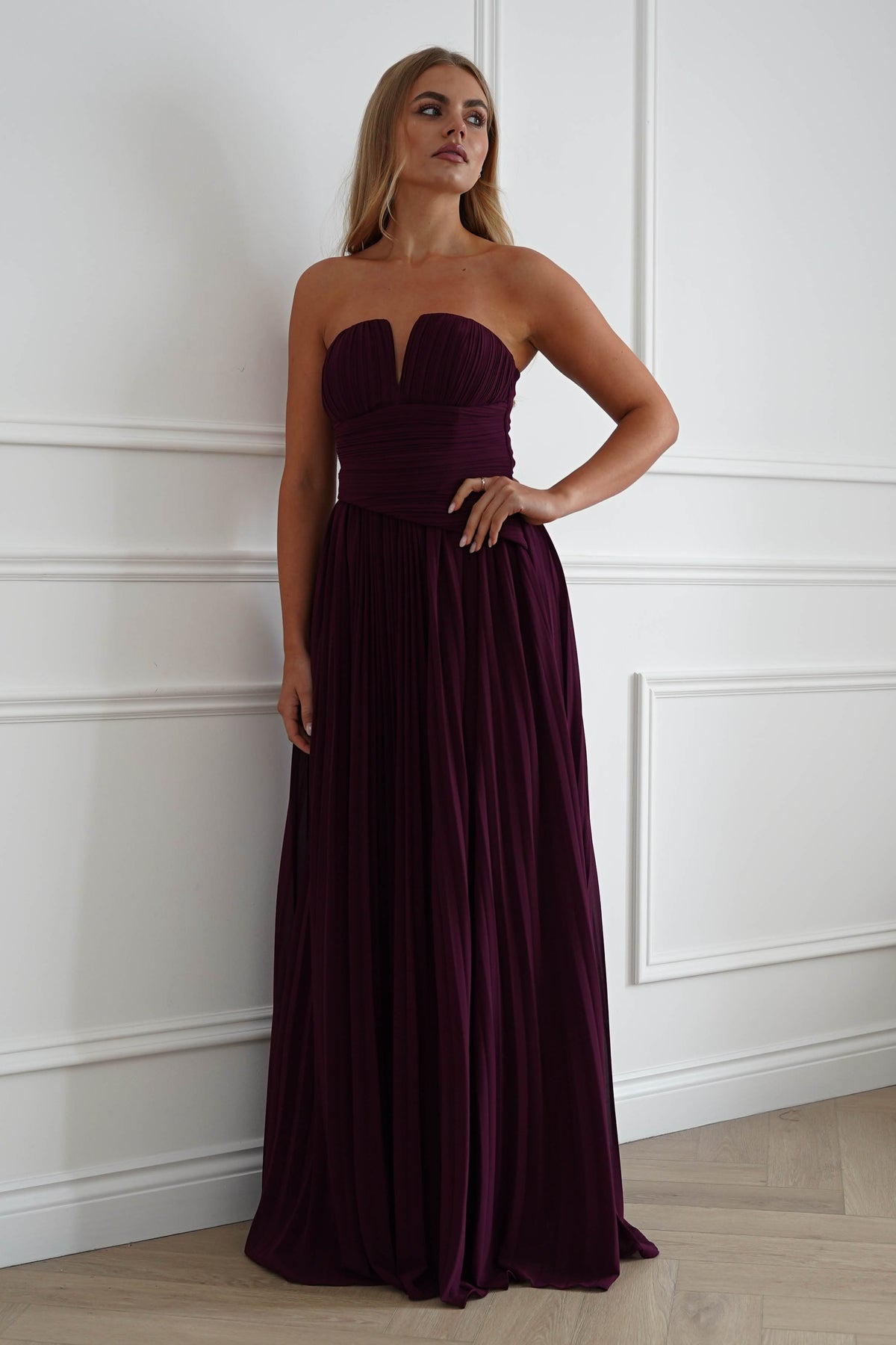 Porto Strapless Pleated Chiffon Maxi Dress | Wine-Oh Hello Clothing