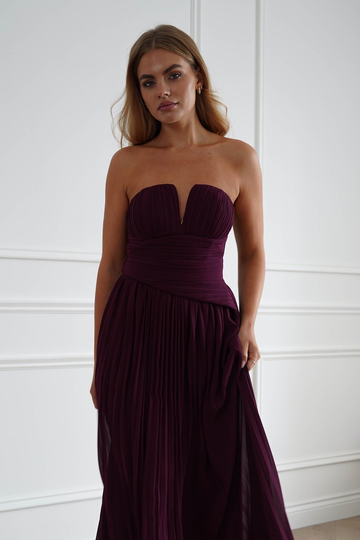 Porto Strapless Pleated Chiffon Maxi Dress | Wine-Oh Hello Clothing