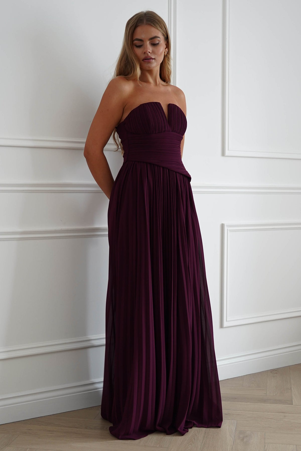 Porto Strapless Pleated Chiffon Maxi Dress | Wine-Oh Hello Clothing