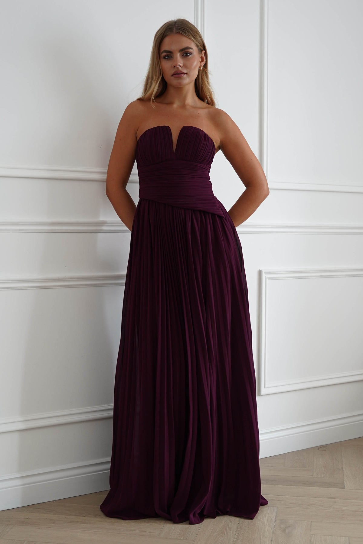 Porto Strapless Pleated Chiffon Maxi Dress | Wine-Oh Hello Clothing