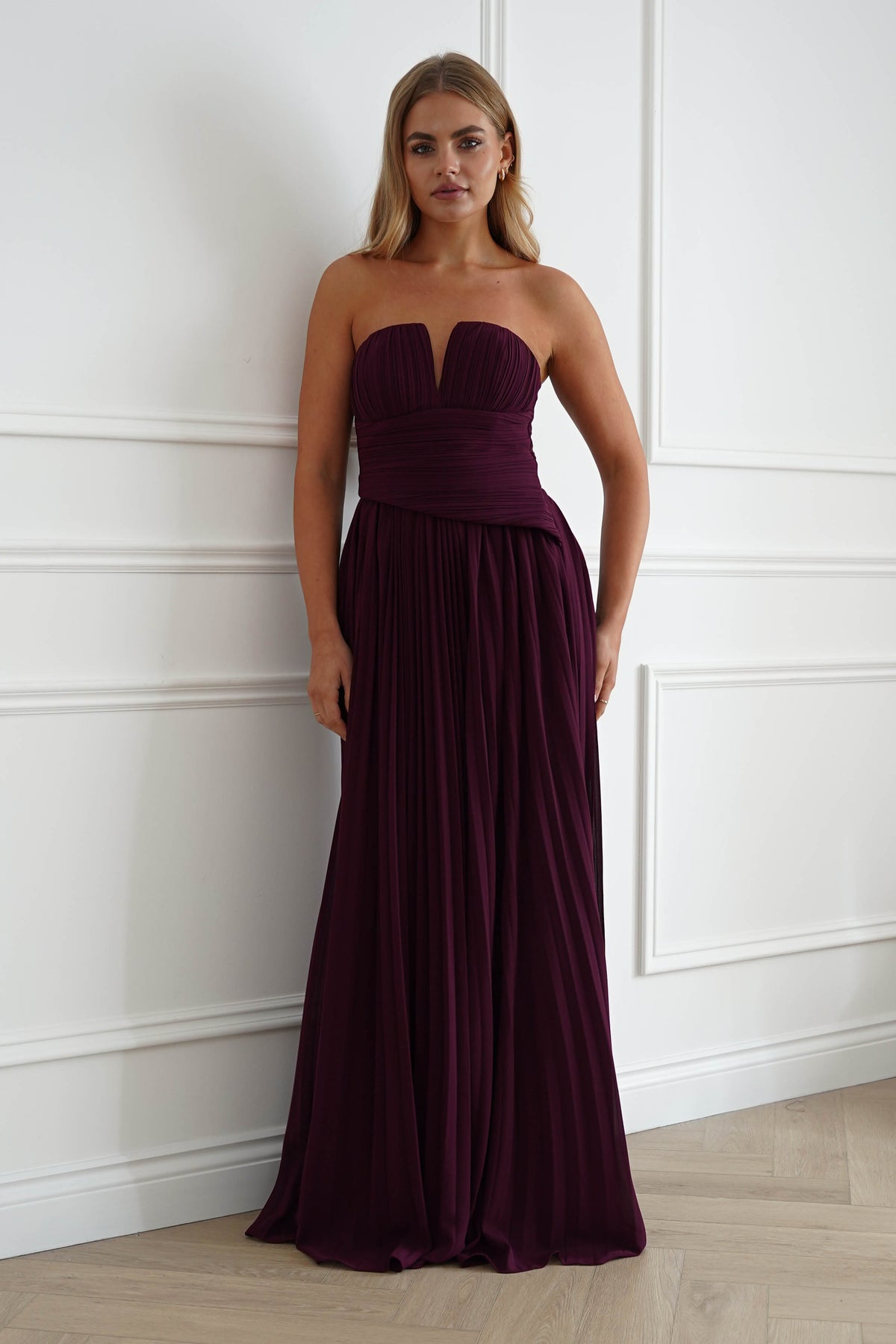 Porto Strapless Pleated Chiffon Maxi Dress | Wine-Oh Hello Clothing