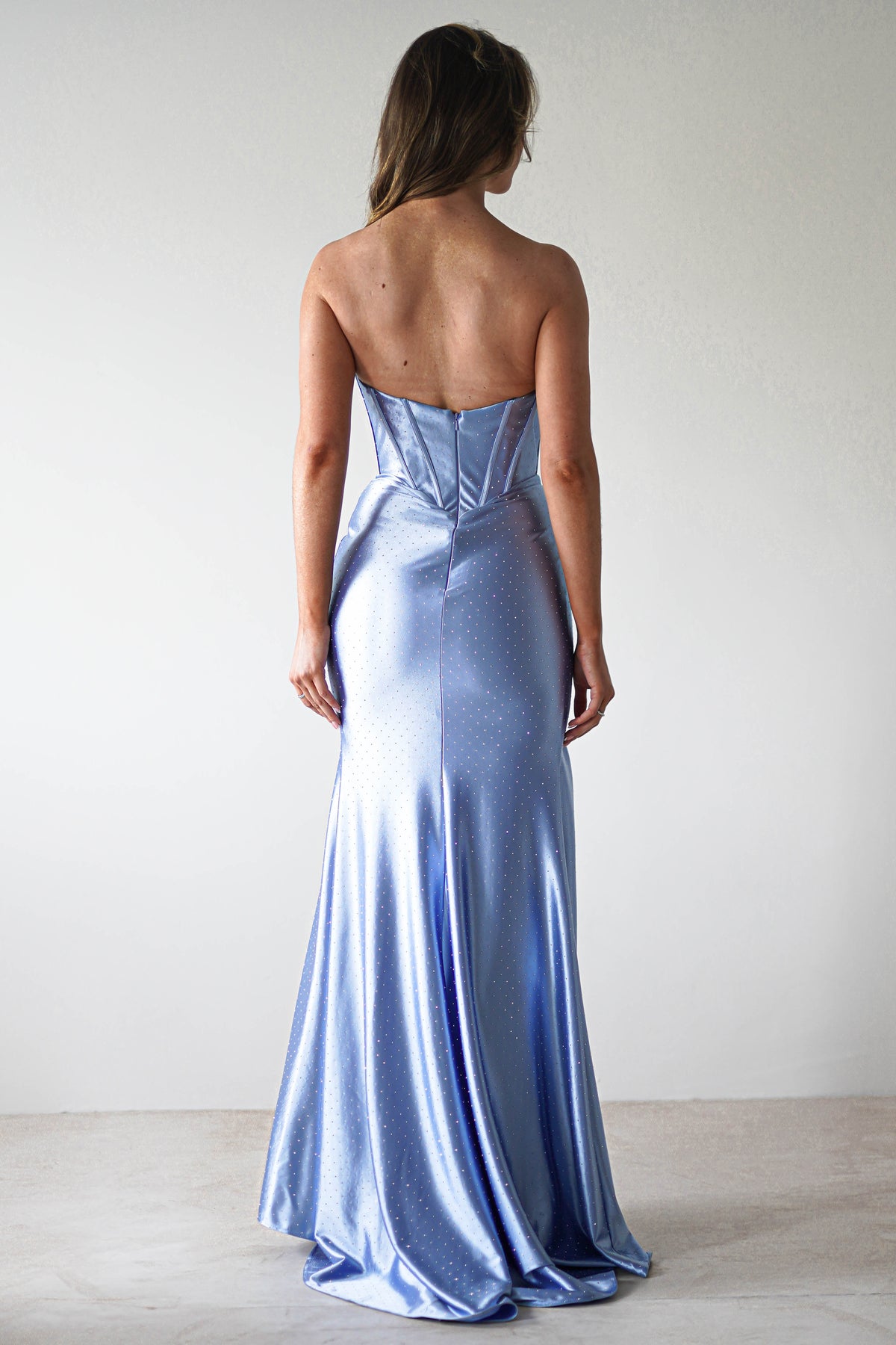 Pranvera Embellished Micro Crystal Gown | Dusty Blue-Oh Hello Clothing