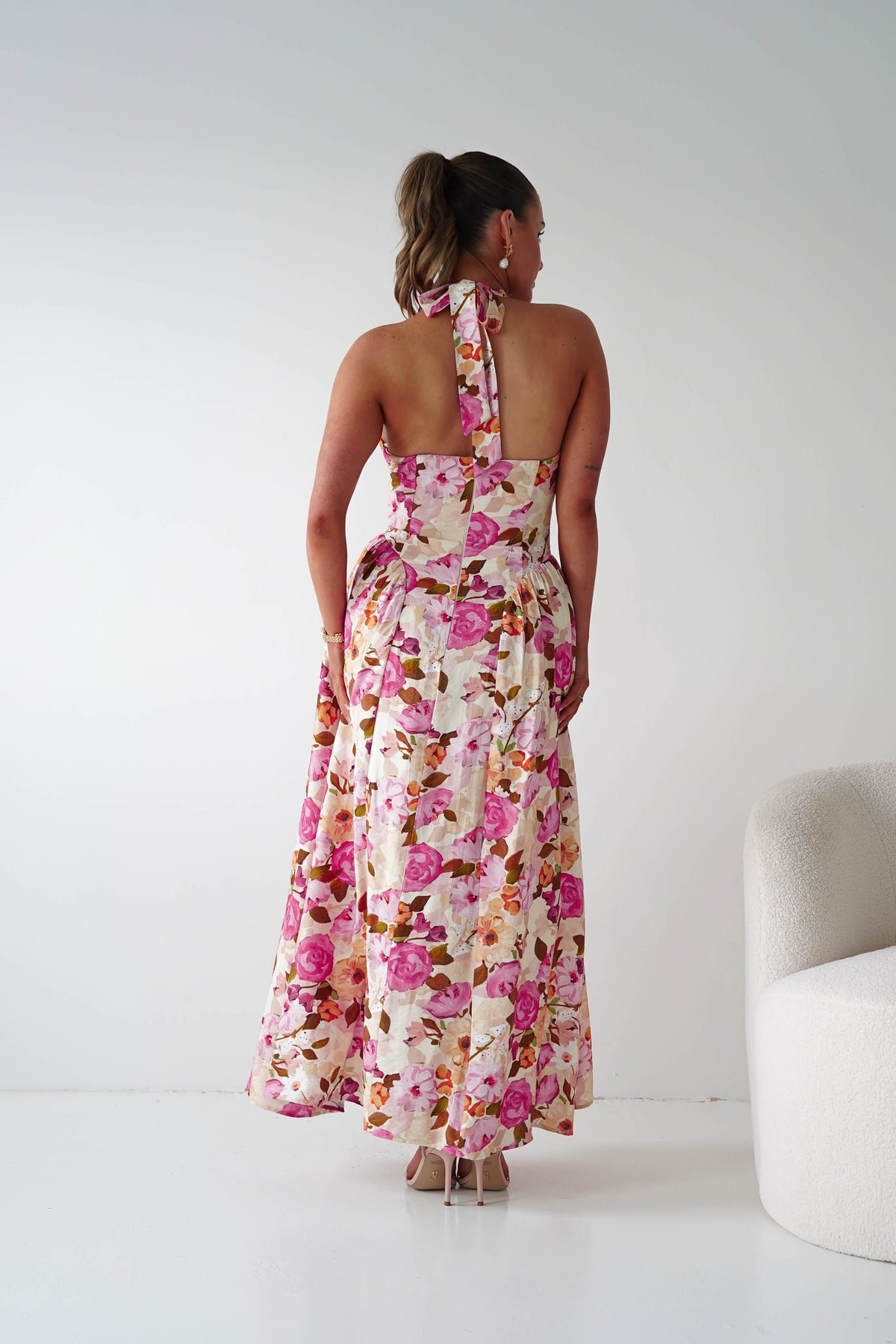 Primrose Floral Print Halterneck Maxi Dress | Pink/Orange-Oh Hello Clothing