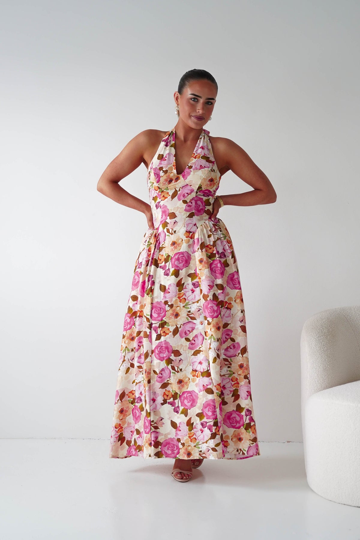 Primrose Floral Print Halterneck Maxi Dress | Pink/Orange-Oh Hello Clothing
