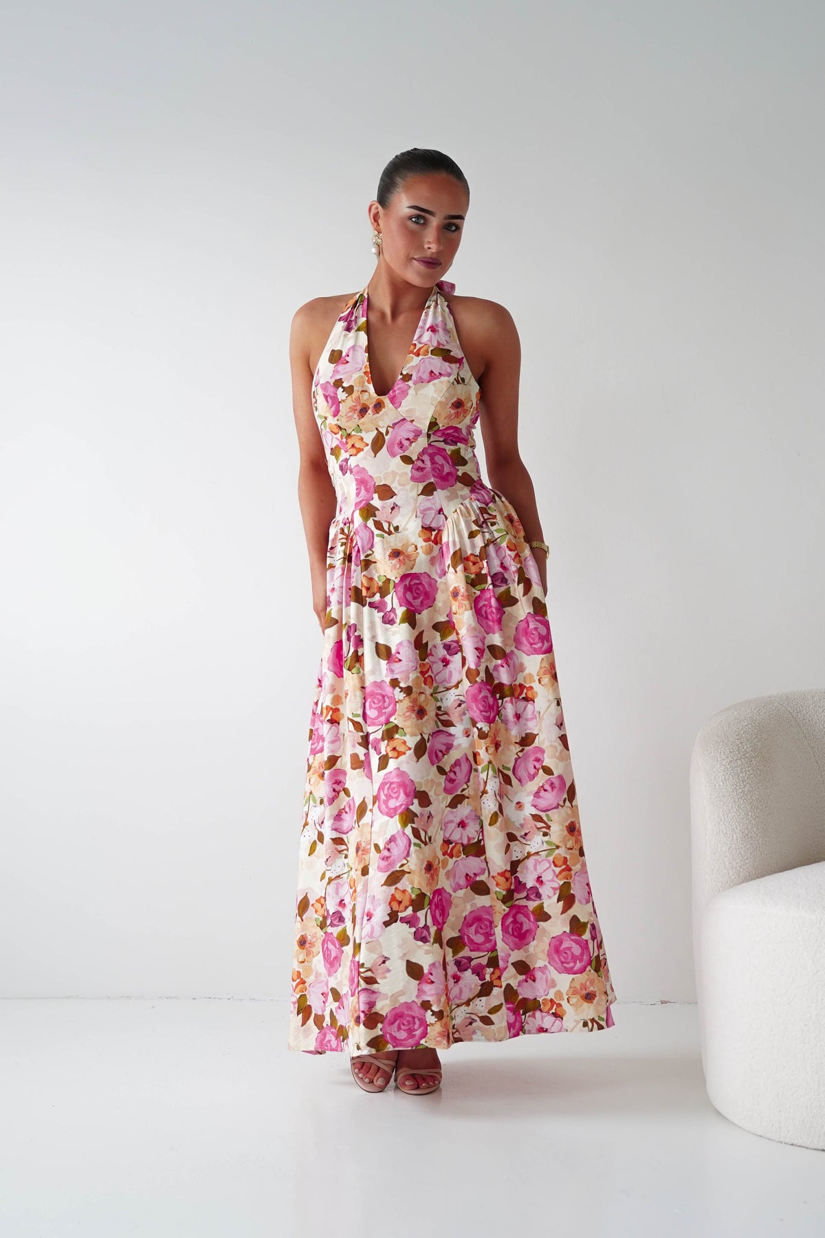 Primrose Floral Print Halterneck Maxi Dress | Pink/Orange-Oh Hello Clothing