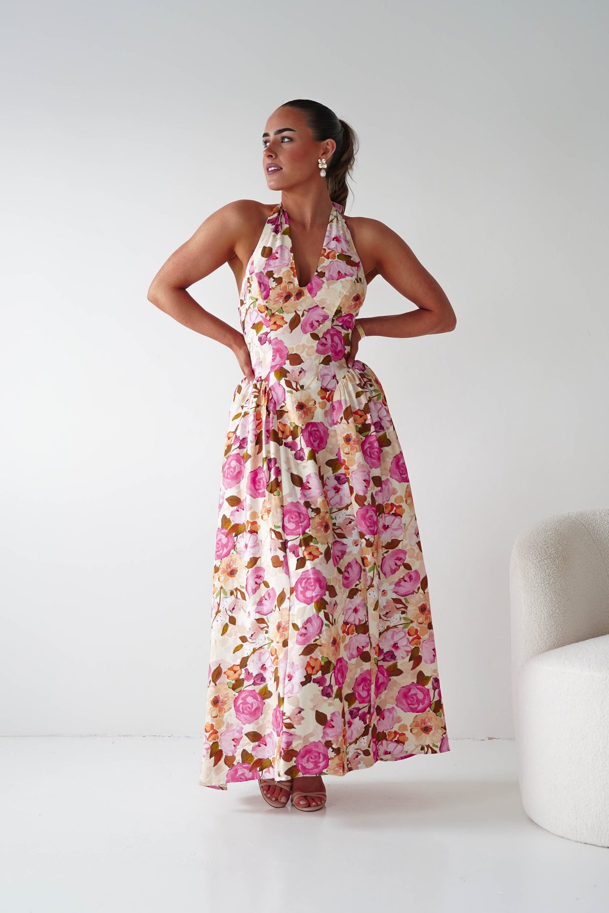Primrose Floral Print Halterneck Maxi Dress | Pink/Orange-Oh Hello Clothing