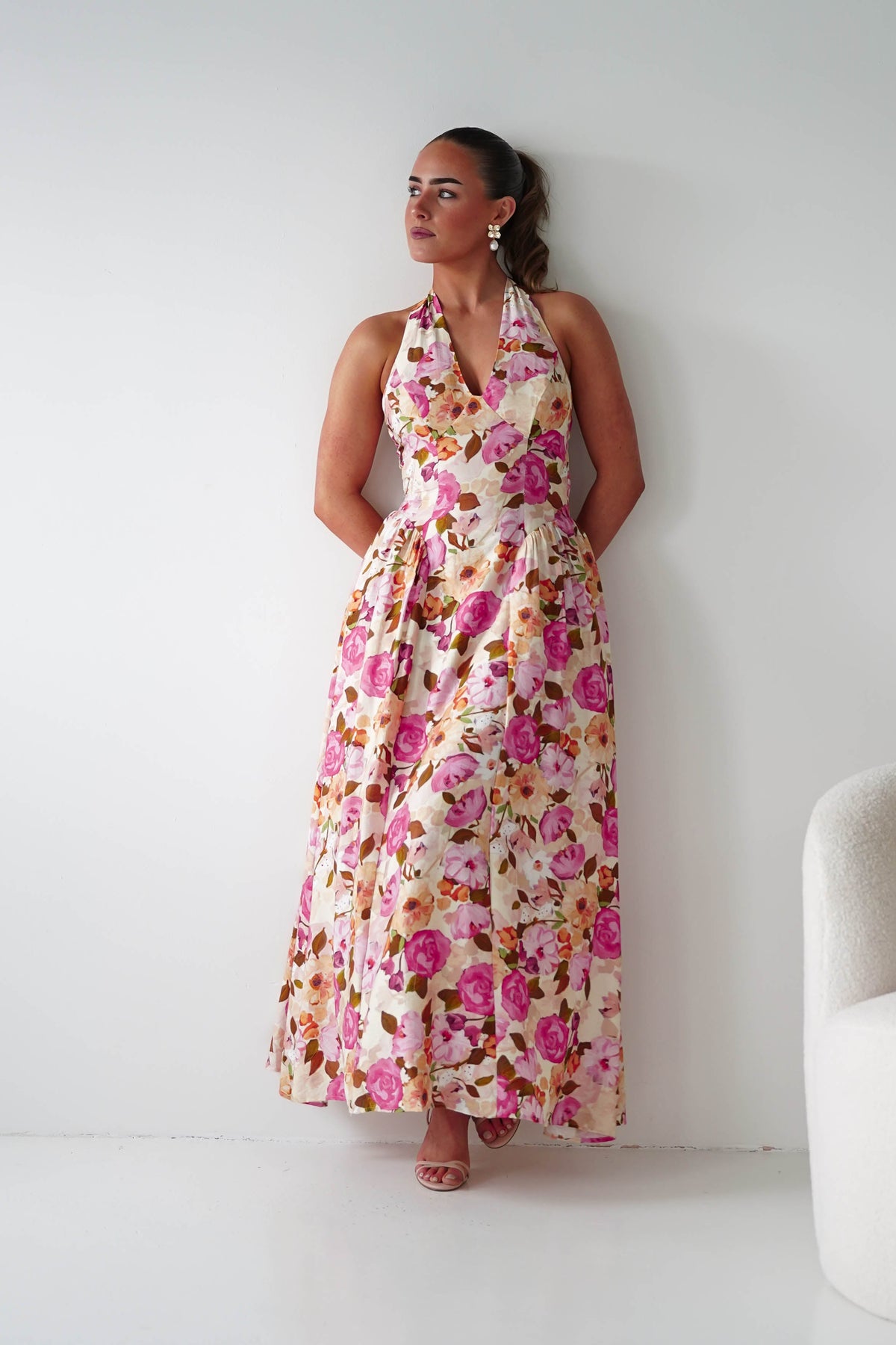 Primrose Floral Print Halterneck Maxi Dress | Pink/Orange-Oh Hello Clothing