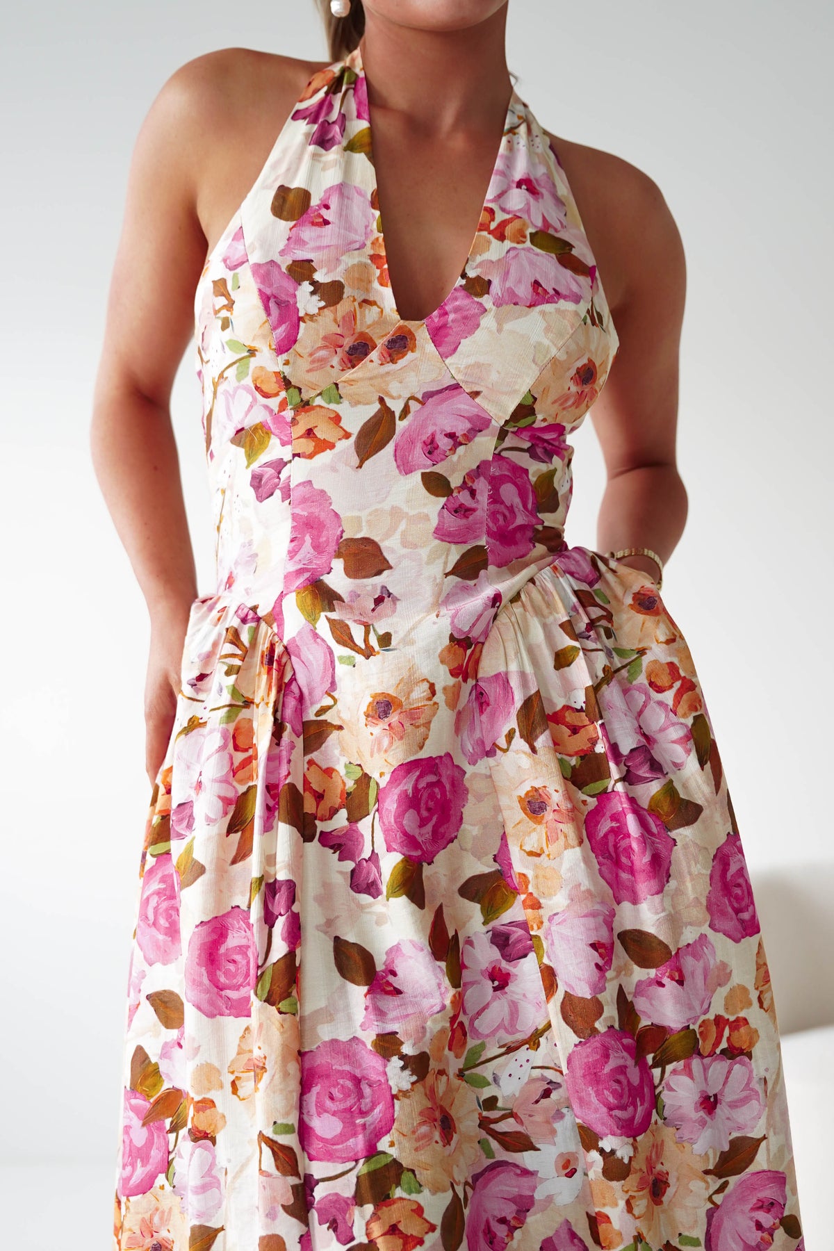 Primrose Floral Print Halterneck Maxi Dress | Pink/Orange-Oh Hello Clothing
