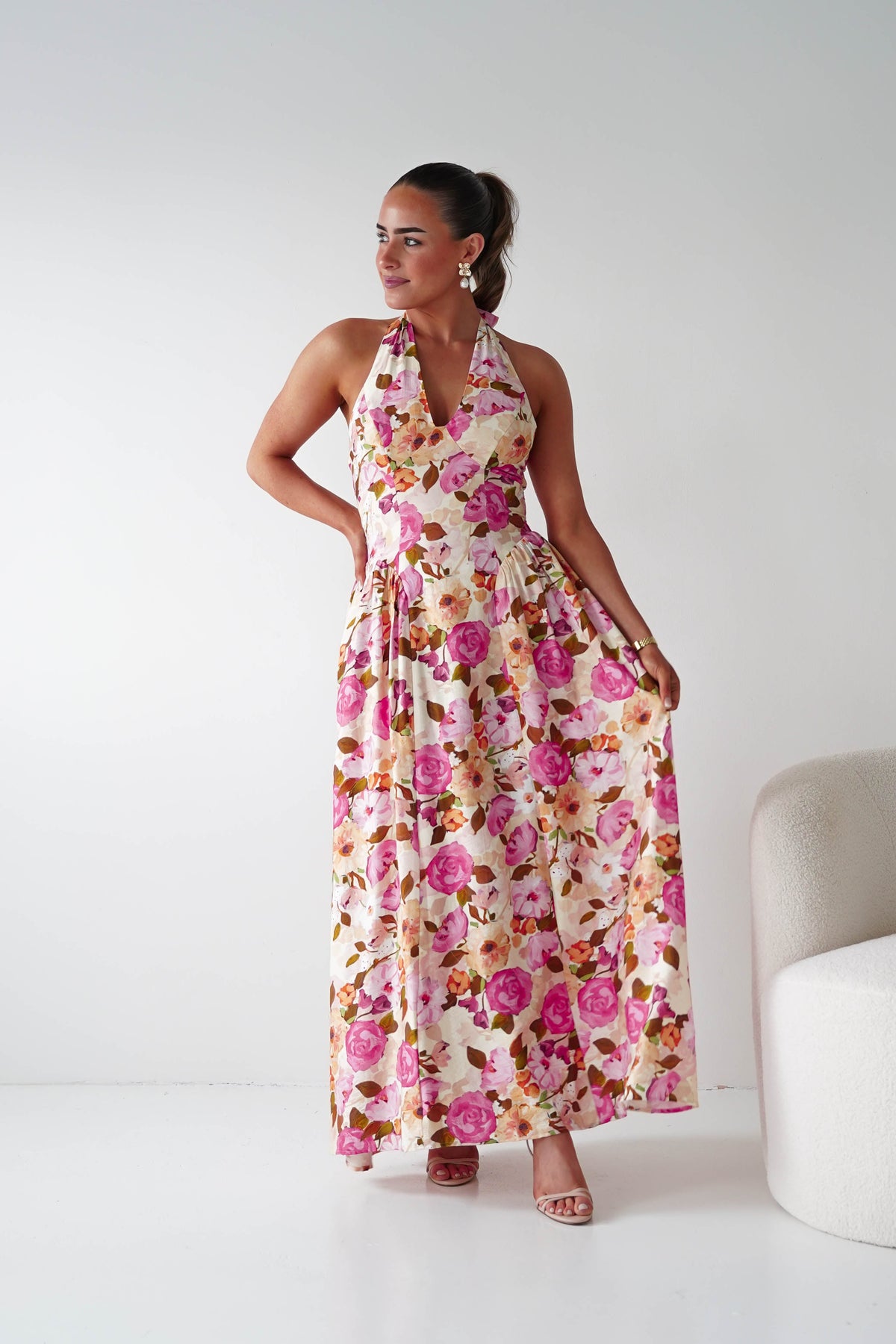 Primrose Floral Print Halterneck Maxi Dress | Pink/Orange-Oh Hello Clothing