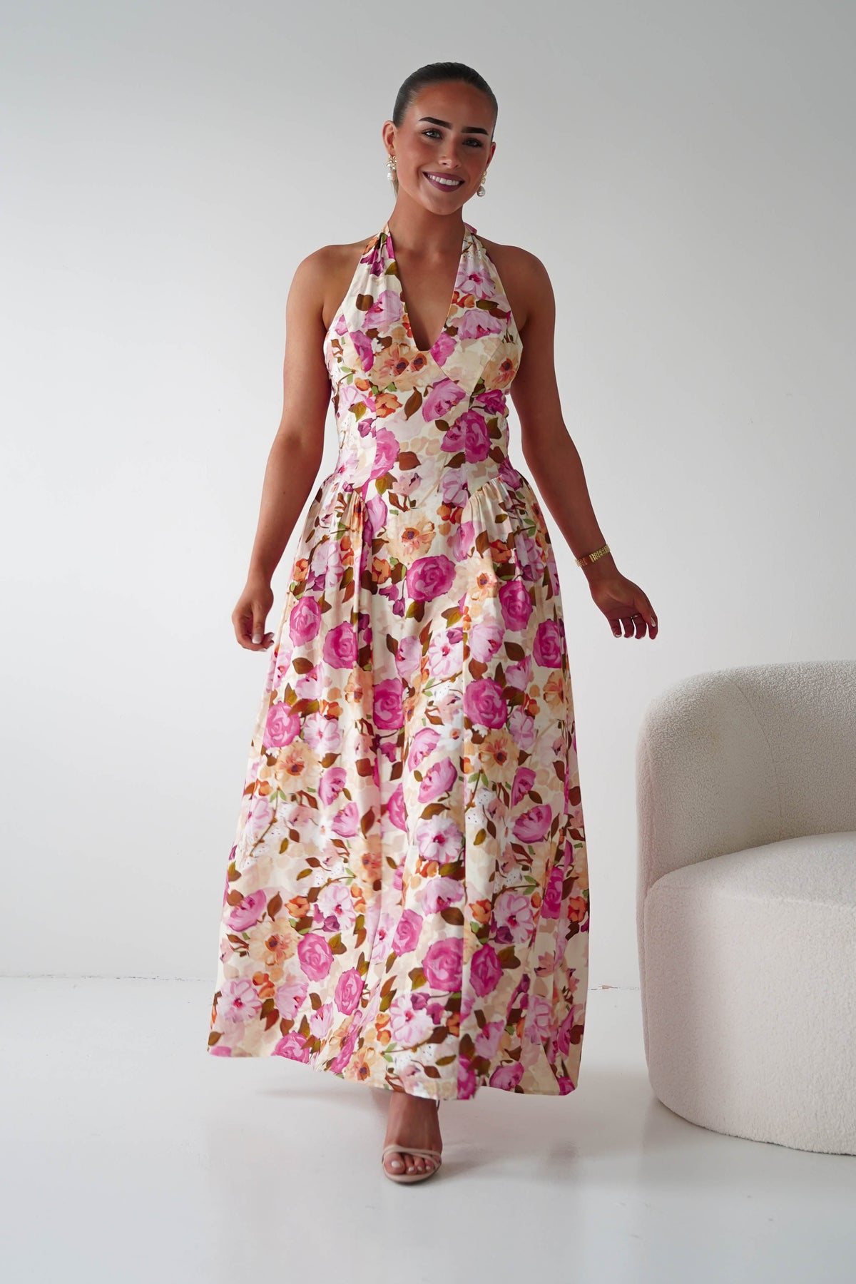 Primrose Floral Print Halterneck Maxi Dress | Pink/Orange-Oh Hello Clothing
