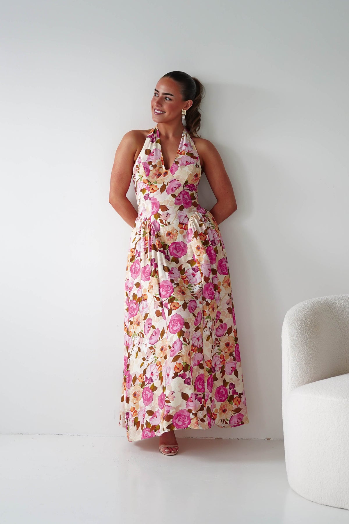 Primrose Floral Print Halterneck Maxi Dress | Pink/Orange-Oh Hello Clothing