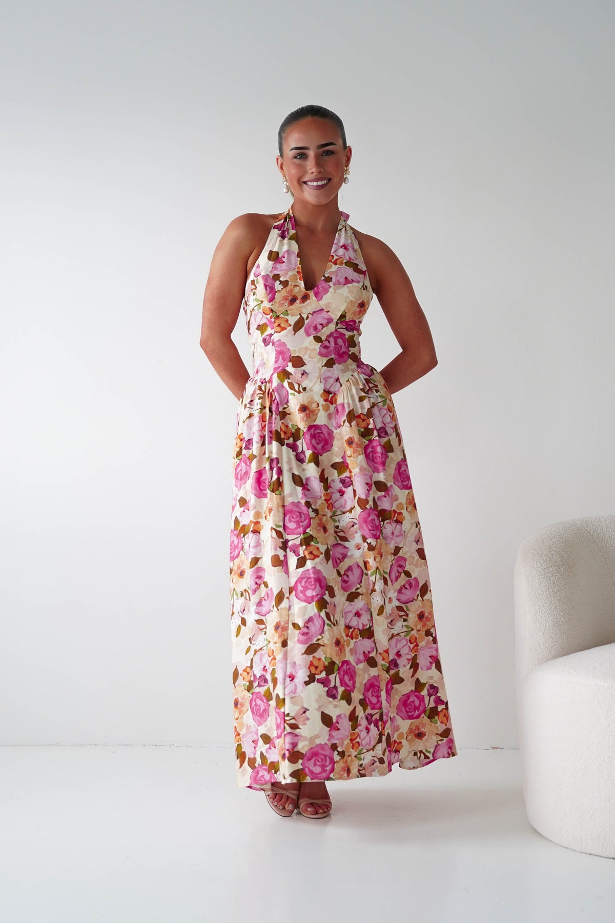 Primrose Floral Print Halterneck Maxi Dress | Pink/Orange-Oh Hello Clothing