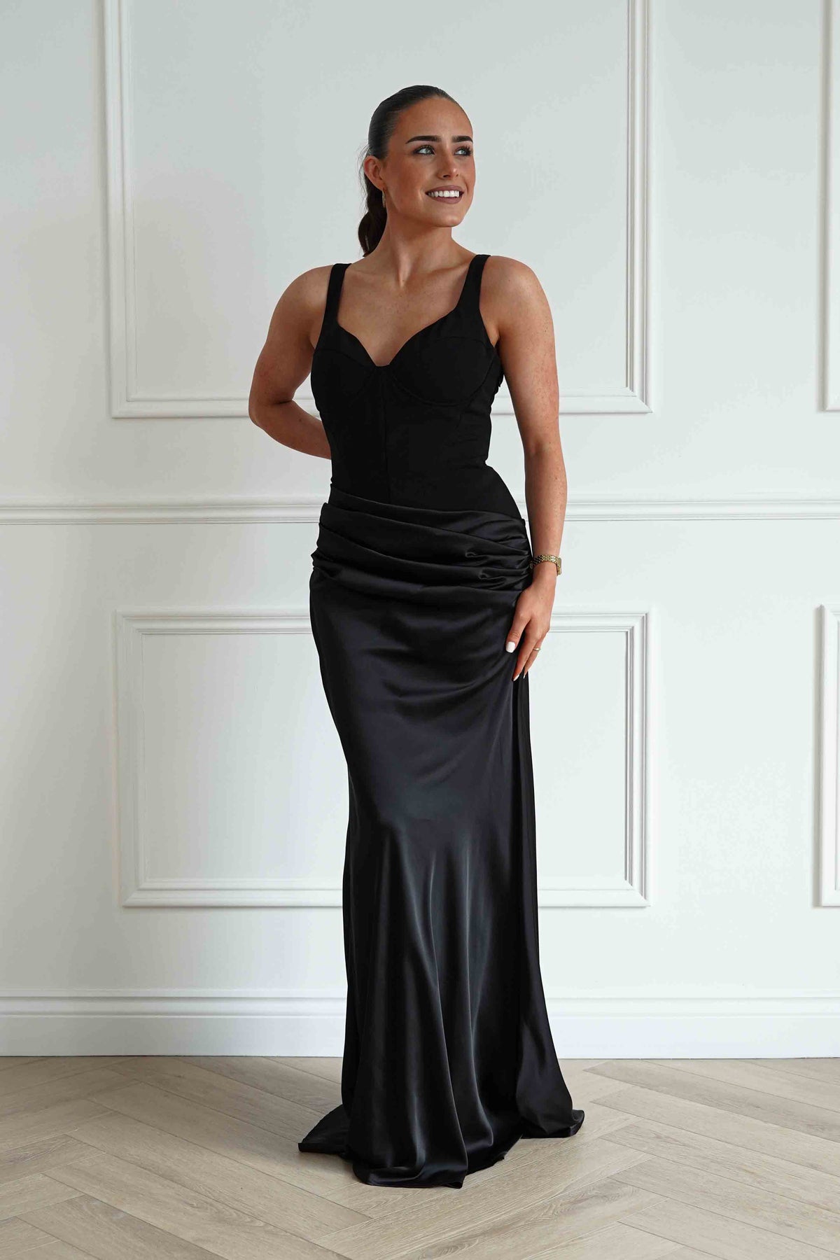 Rachel Structured Draped Maxi Dress | Black-Oh Hello Clothing