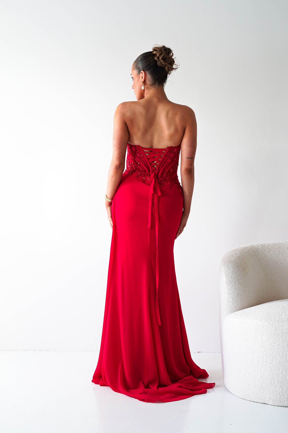 Ravina Strapless Lace Corset Maxi Gown | Red-Oh Hello Clothing