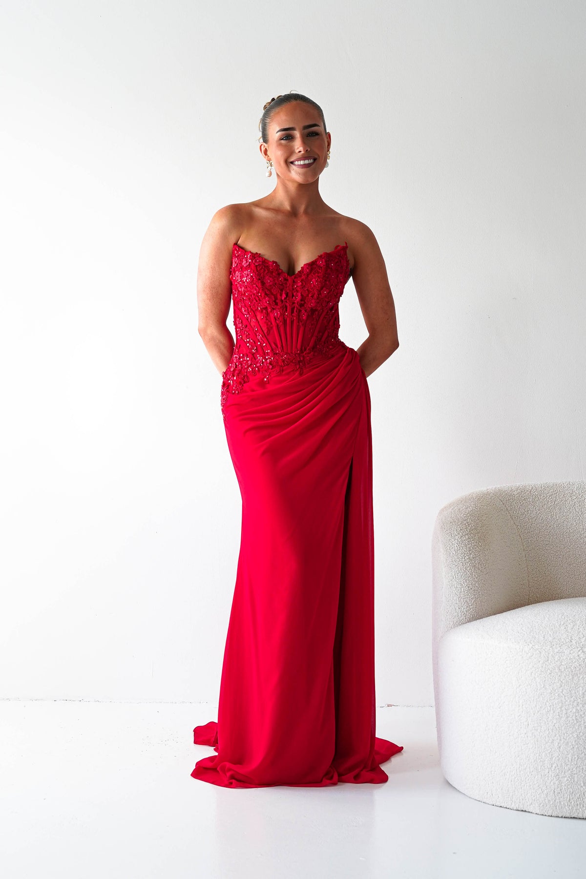 Ravina Strapless Lace Corset Maxi Gown | Red-Oh Hello Clothing